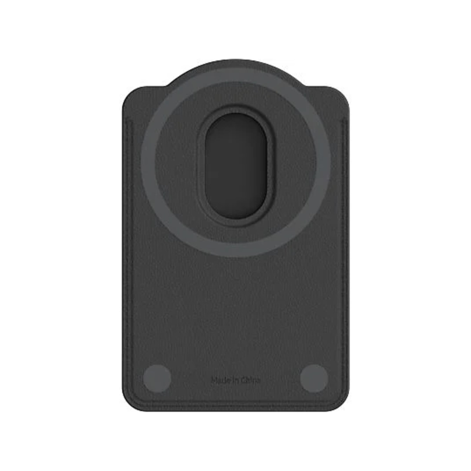 A black, rectangular MagSafe compatible card holder with a circular indentation on the back.
