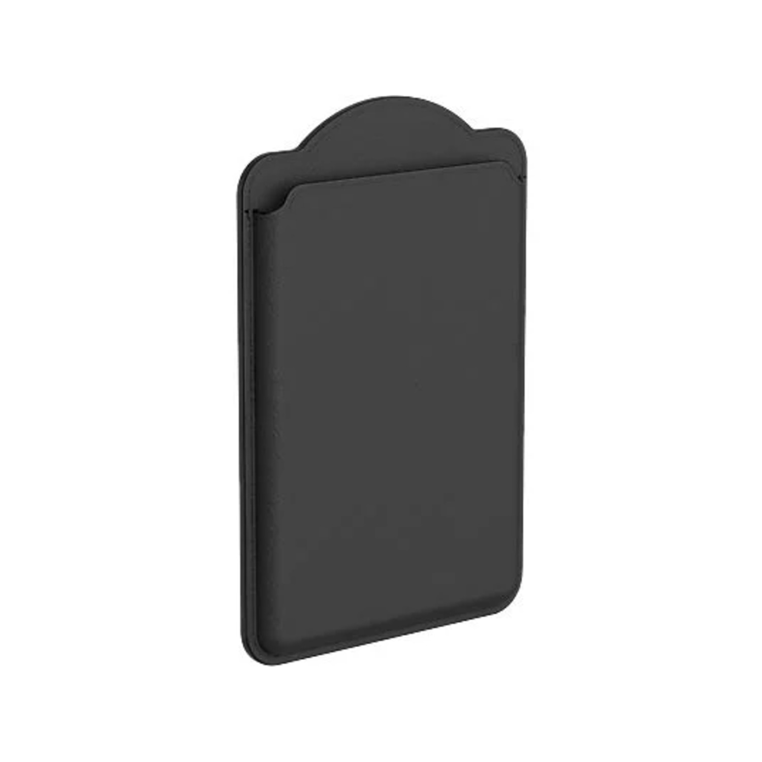 A black phone case with a curved top, viewed from a slight angle on a white background.