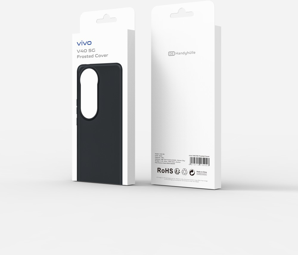 Fehér és fekete telefontok csomagolás VIVO logóval és tokkal.