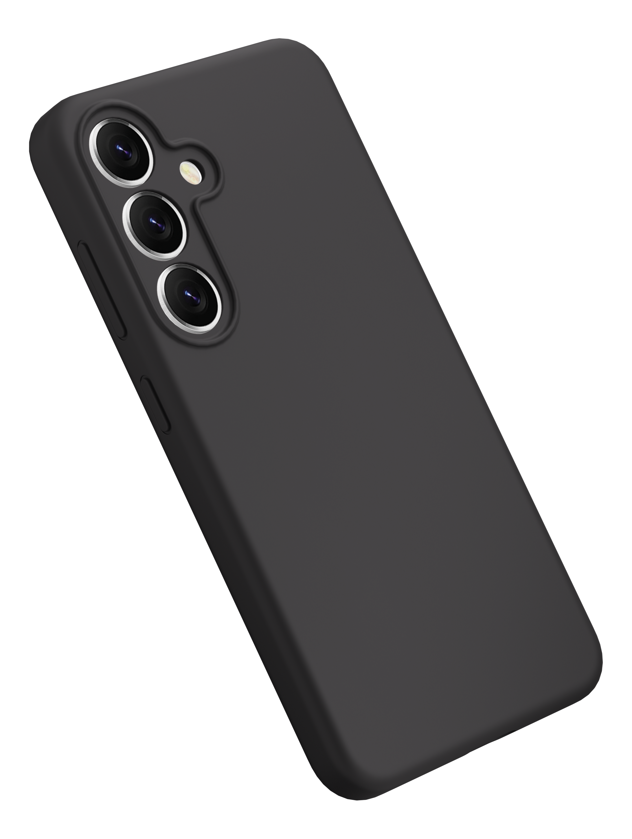 Coque de téléphone noire. Comprend trois lentilles de caméra, un flash et un bouton latéral.