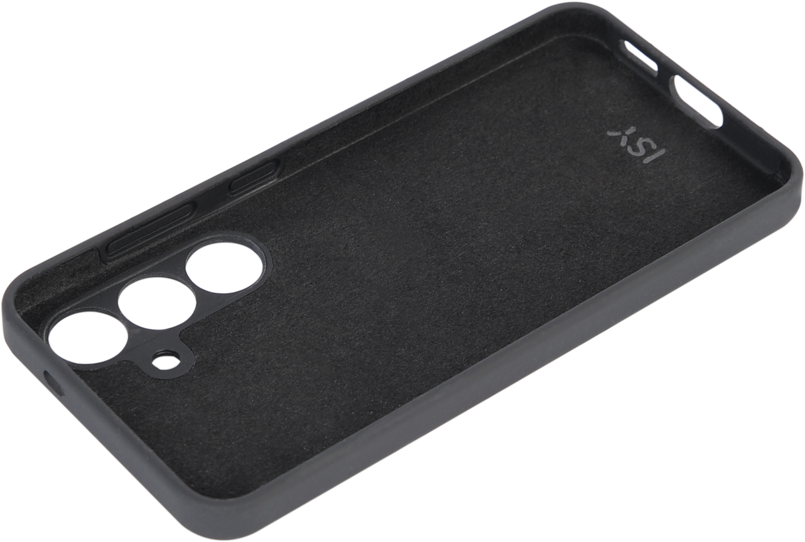 Coque de téléphone noire, vue intérieure, avec découpes pour caméra et boutons.