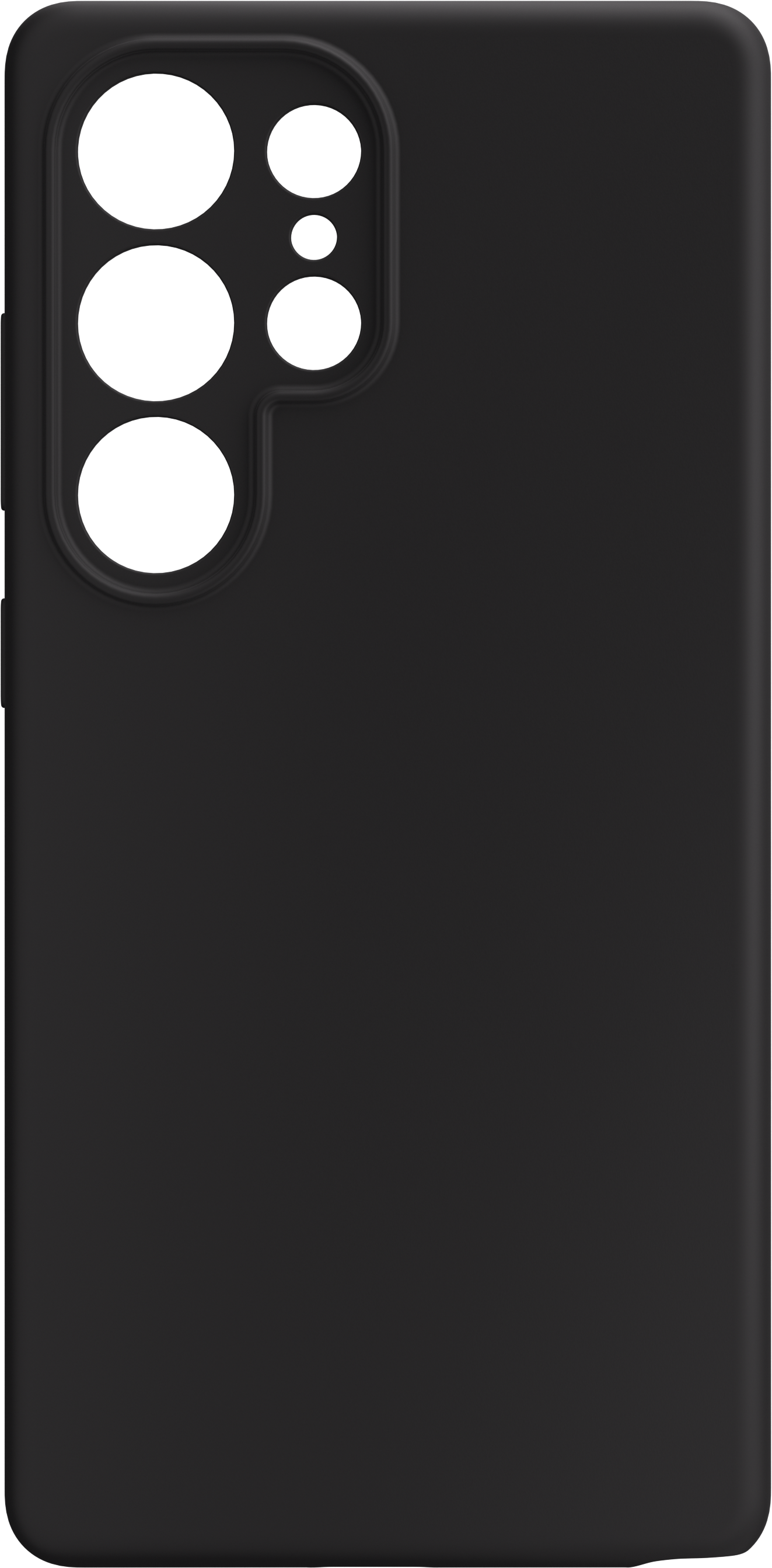 Une coque de téléphone noire. Elle comporte des trous pour la caméra. Elle est de couleur noire unie. Elle couvre l'arrière du téléphone.