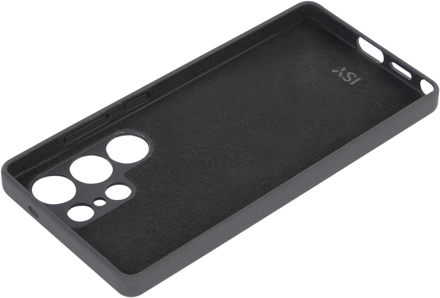 Coque de téléphone noire. Intérieur doux, avec découpes pour caméra et boutons.