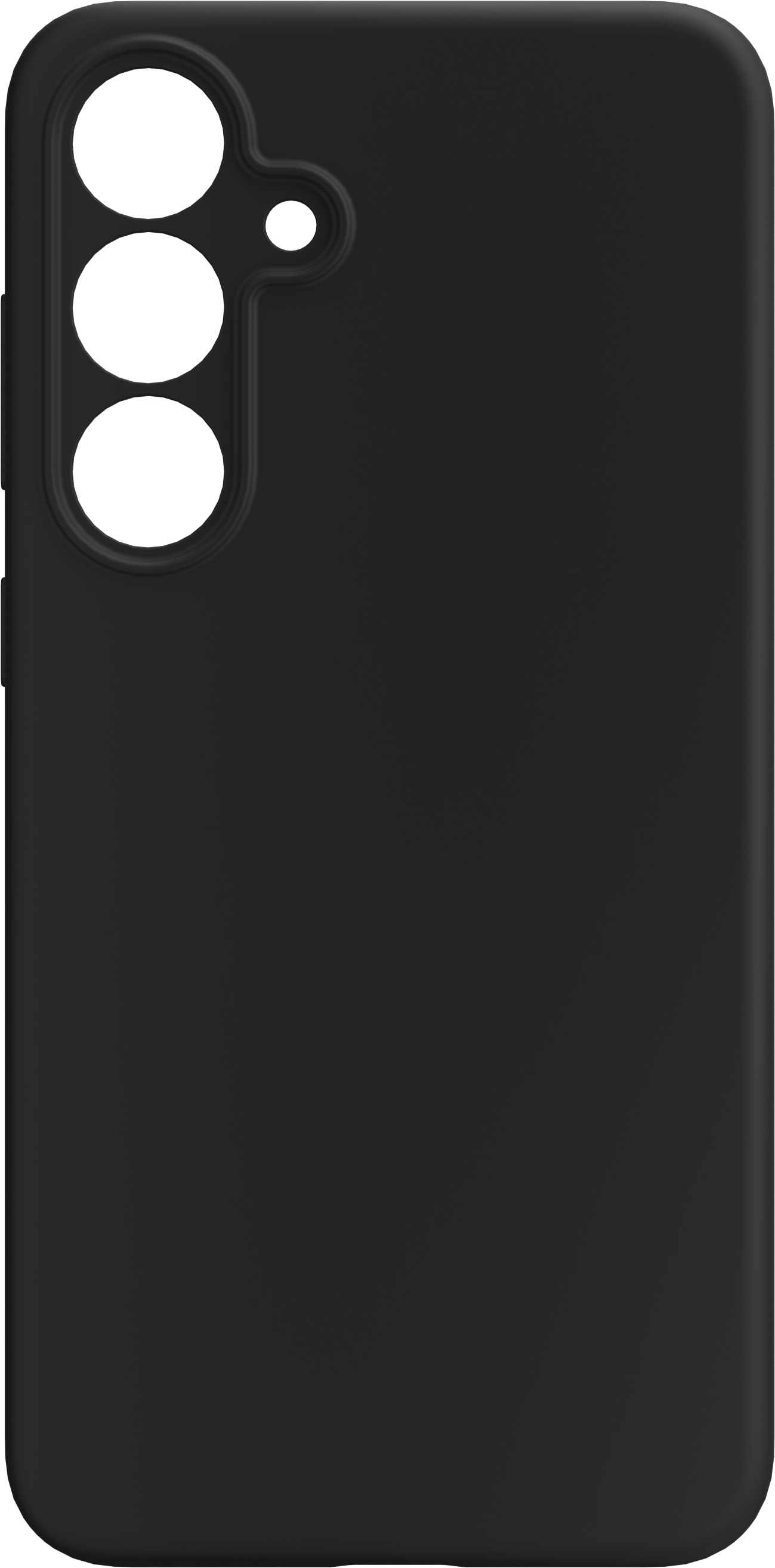 Coque de téléphone noire avec trois découpes de caméra, sur une surface blanche.