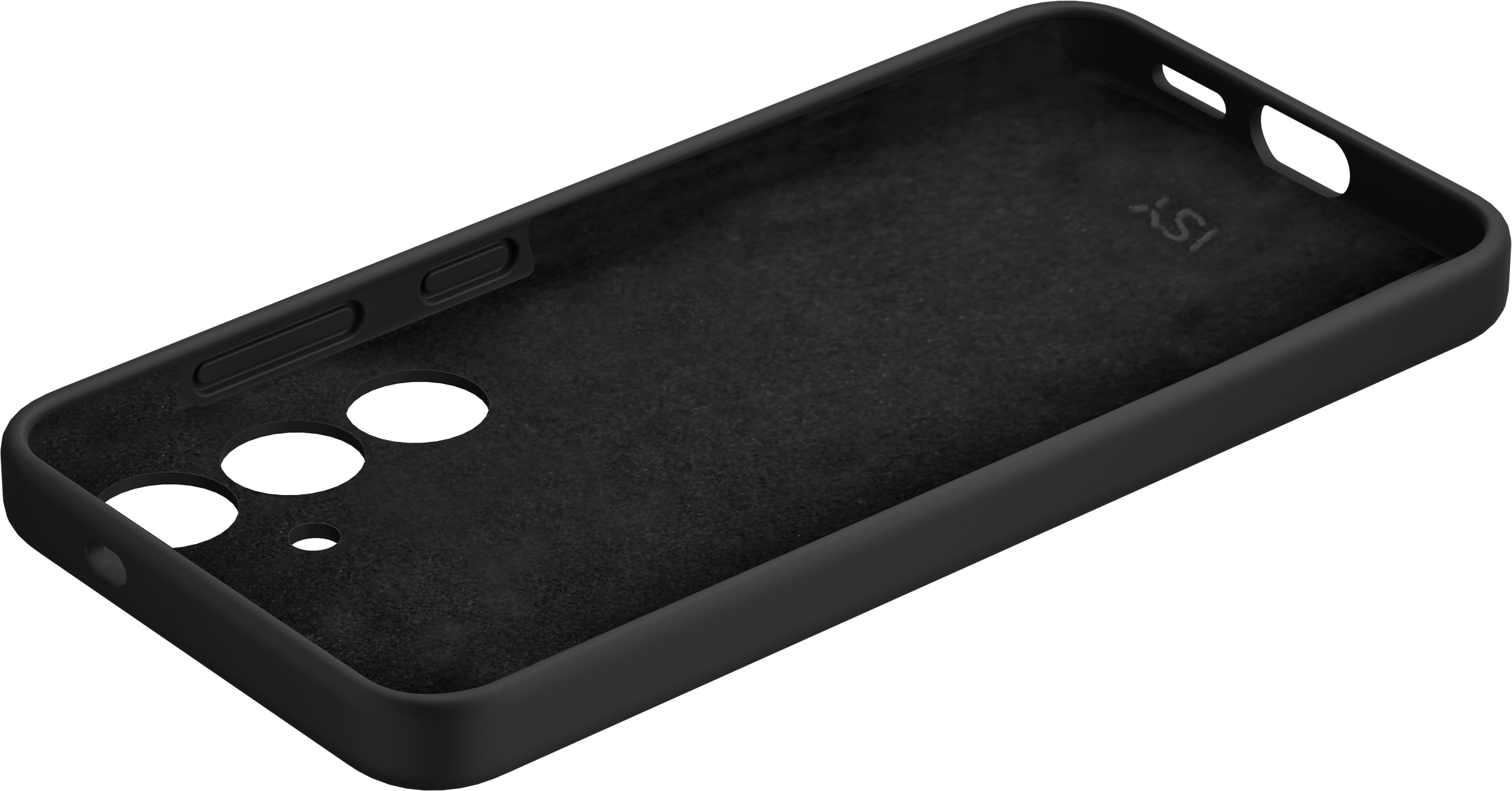 Coque de téléphone noire. Intérieur doux, découpes pour caméra et boutons visibles.