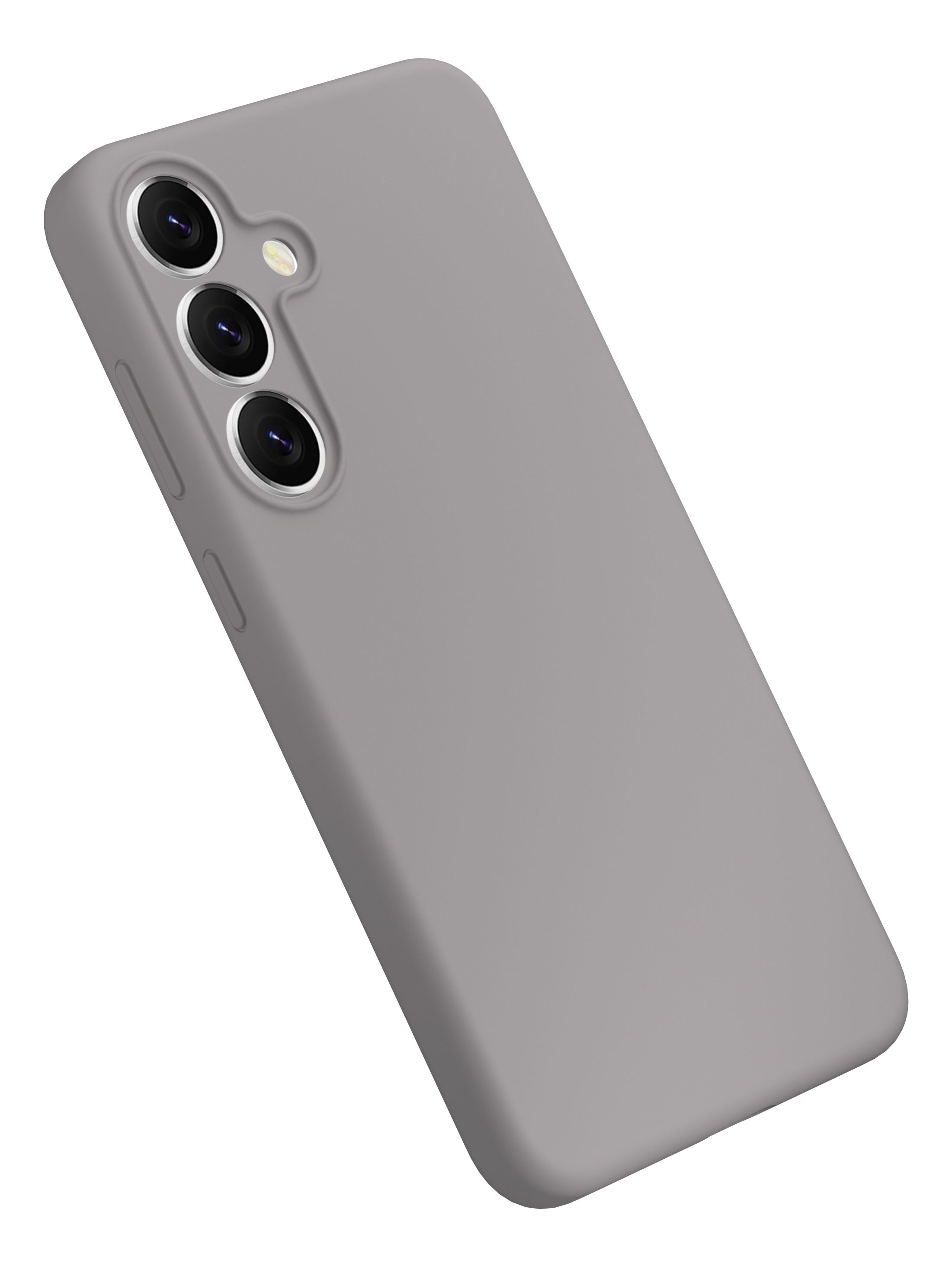Smartphone gris avec triple caméra sur fond sombre, légèrement incliné.