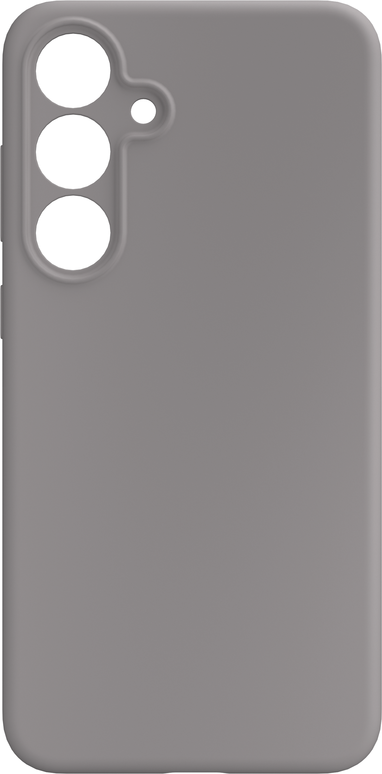 Une coque de téléphone grise avec un ensemble de caméras. Il y a trois objectifs et un flash.