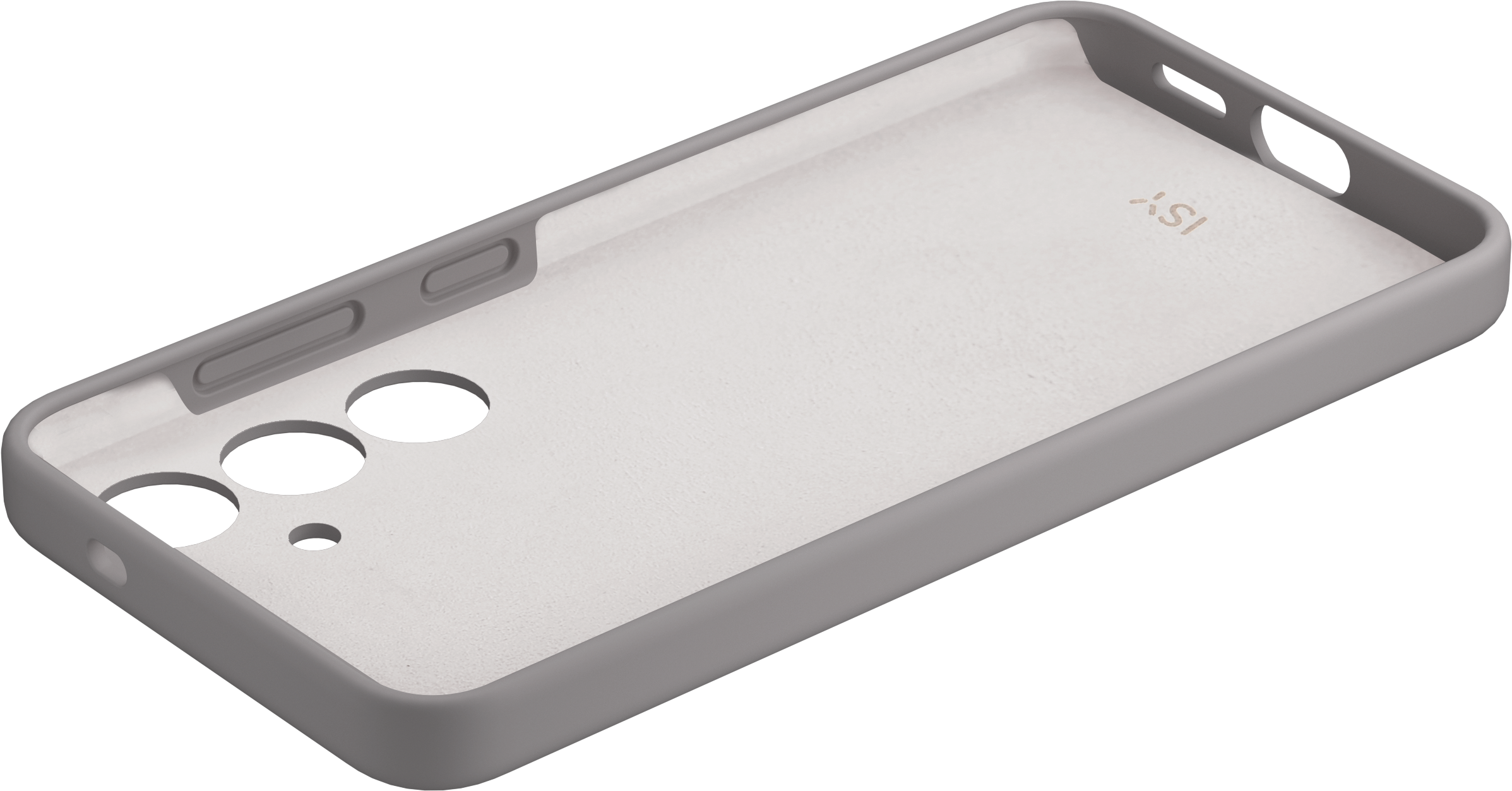 L'intérieur d'une coque de téléphone grise avec un intérieur blanc et des découpes pour les boutons et l'appareil photo.