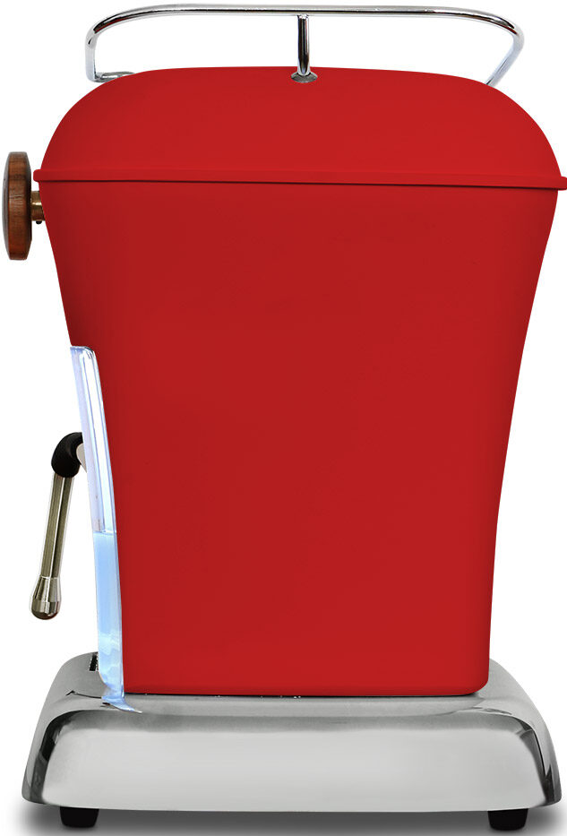 Machine à expresso rouge avec socle chromé, poignée et indicateur de niveau d'eau.