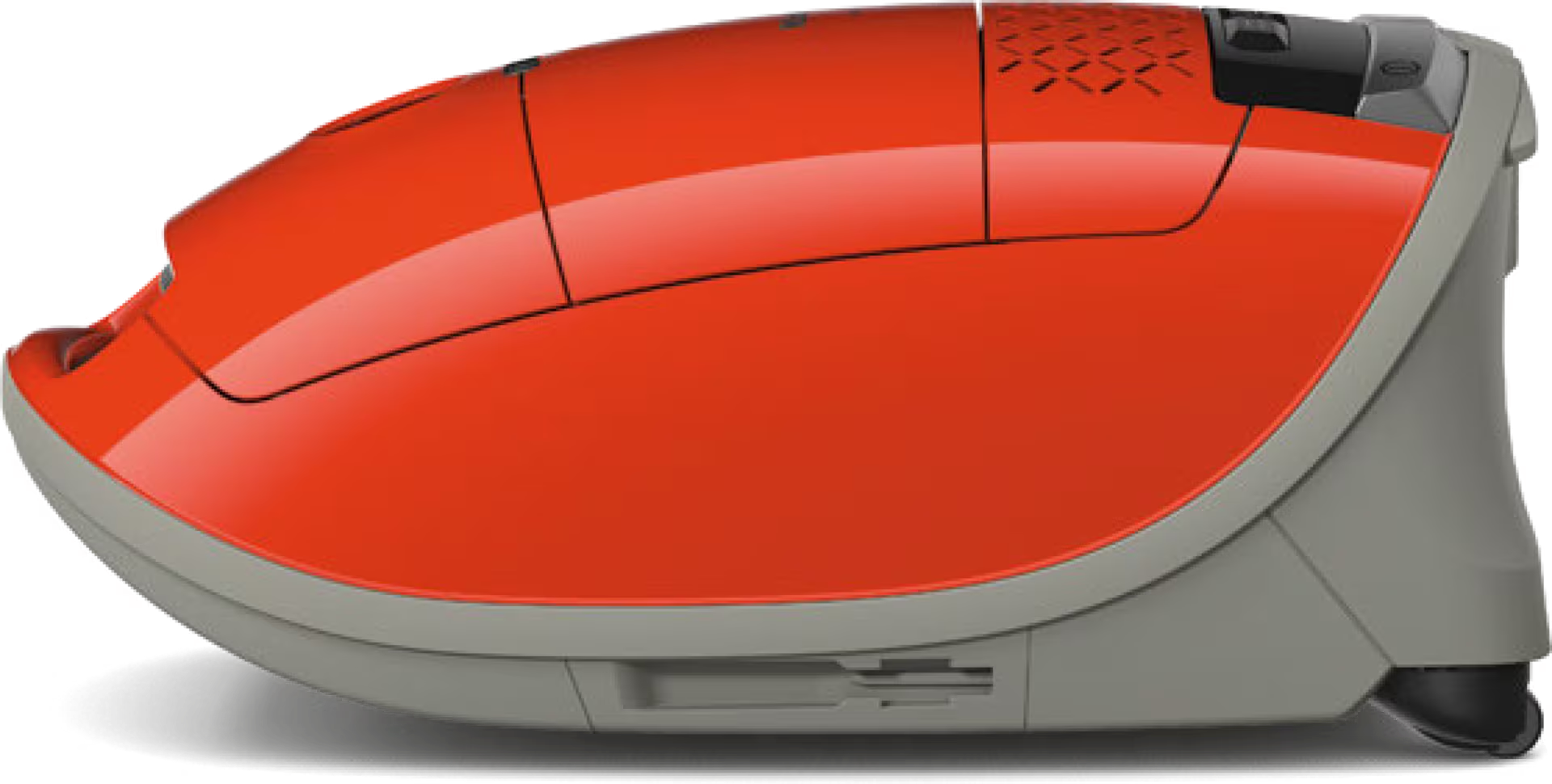 Aspirateur rouge et gris, profil. Comprend des fentes d'aération et un panneau de contrôle.