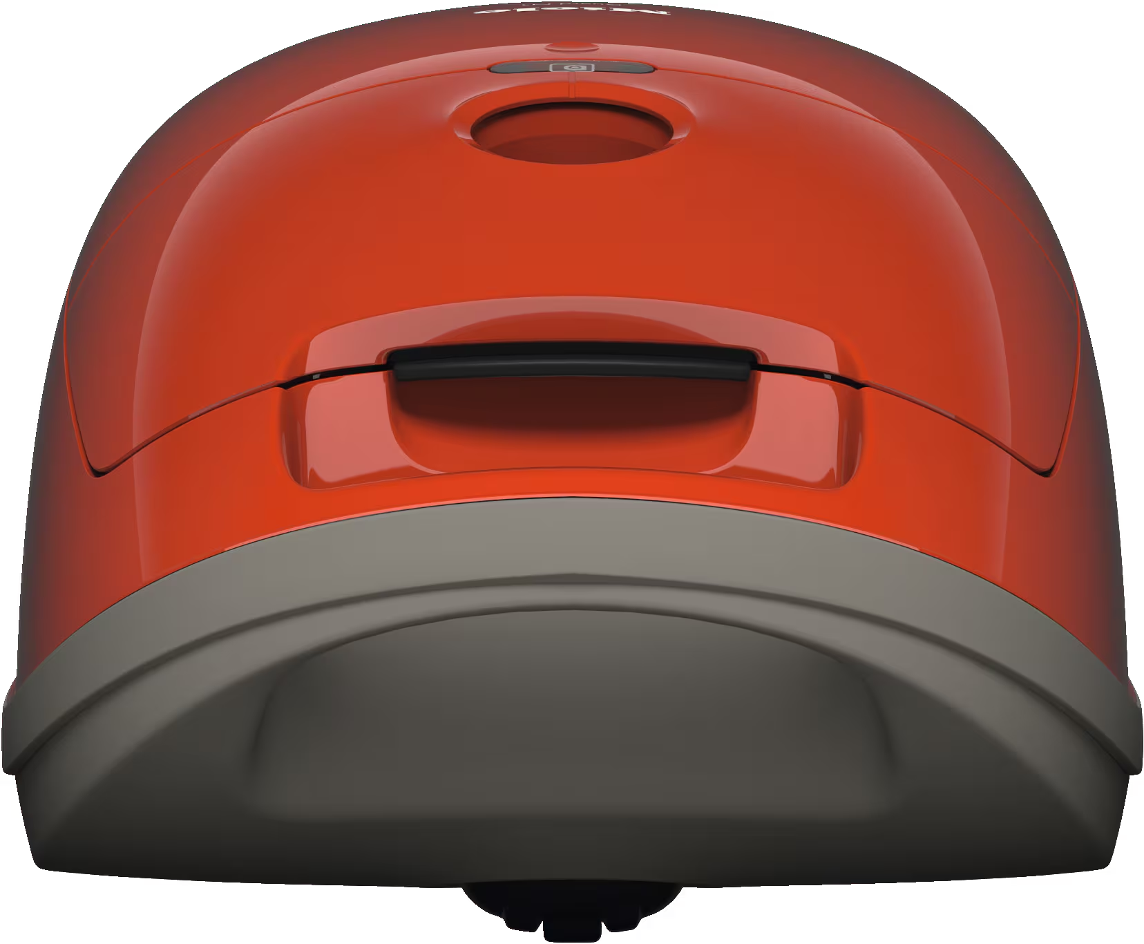 Aspirateur rouge et gris, vue de dessus. Avec poignée et panneau de contrôle.