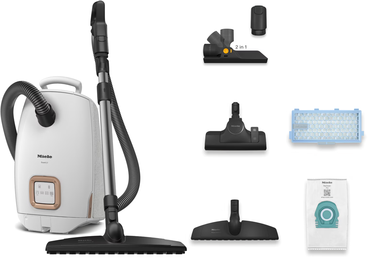 Aspirateur Miele blanc avec accessoires, montrant diverses buses et un filtre.