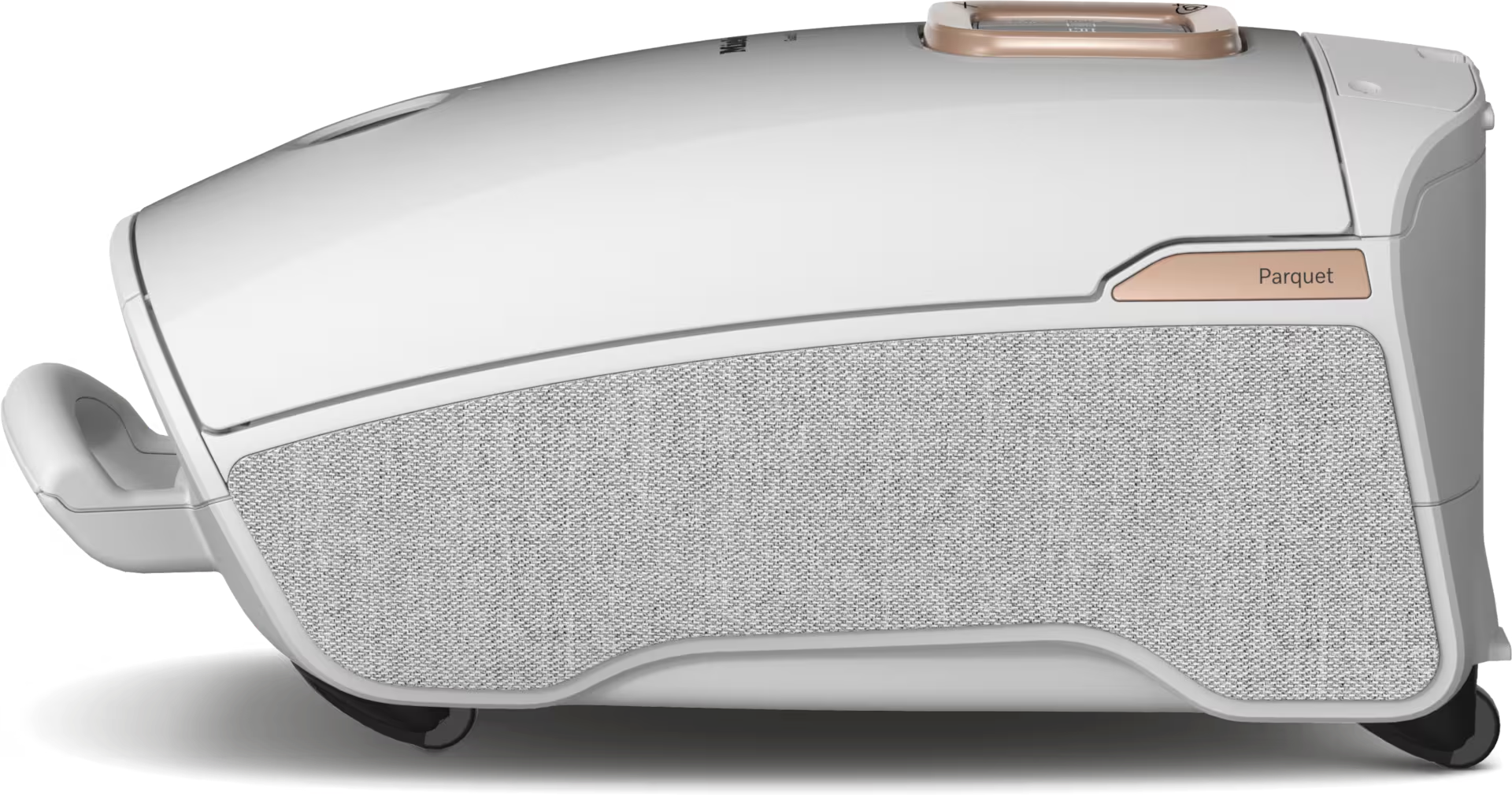 Un aspirateur robot blanc avec un panneau en tissu gris. Le mot Parquet est visible.