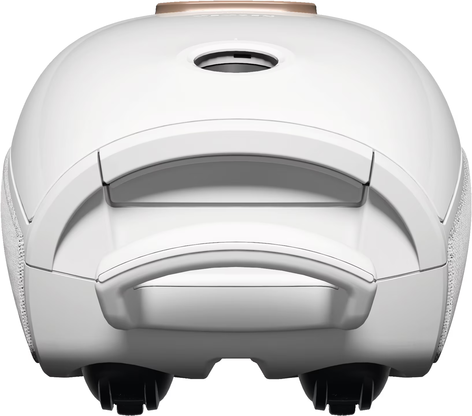 Aspirateur blanc, vue de dessus, avec poignée et ouvertures à l'arrière.