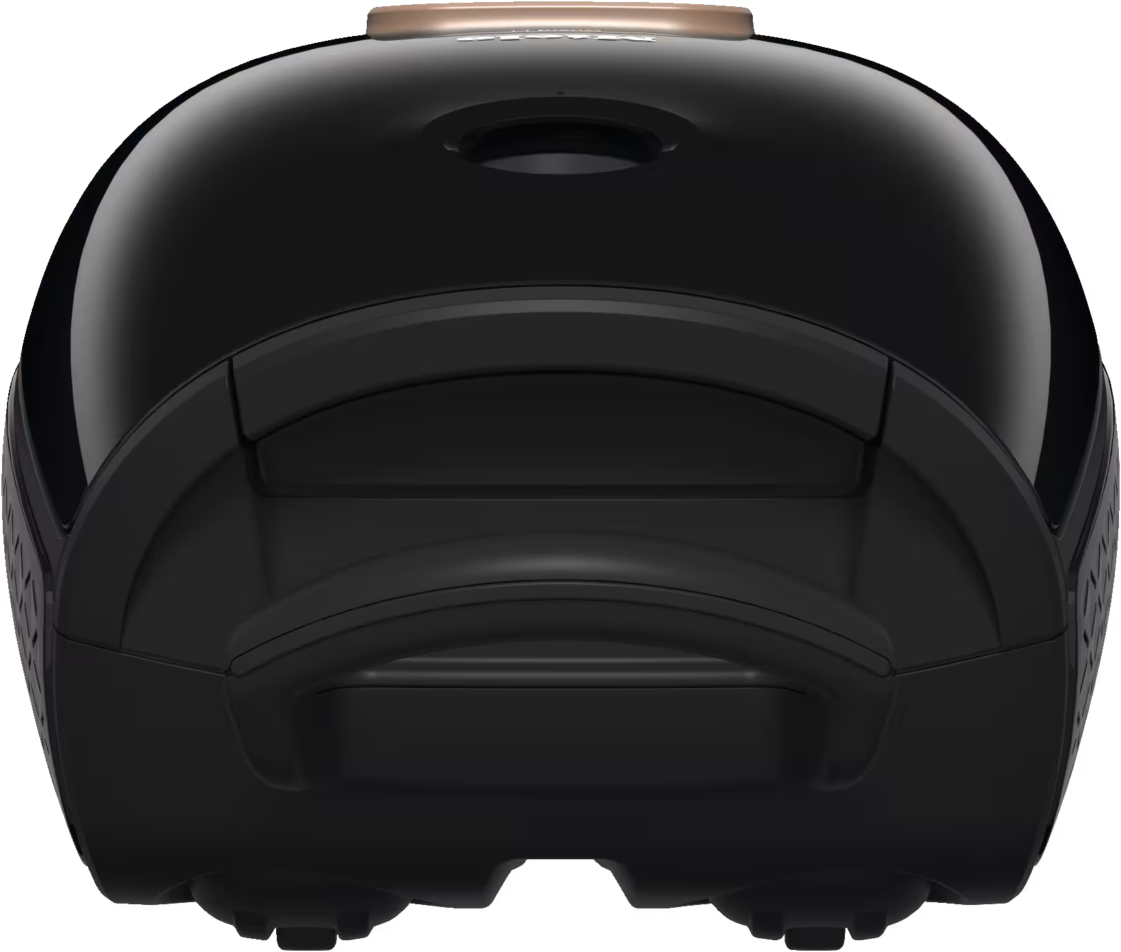 Schwarzer Staubsauger von oben. Griff und Räder unten sichtbar.