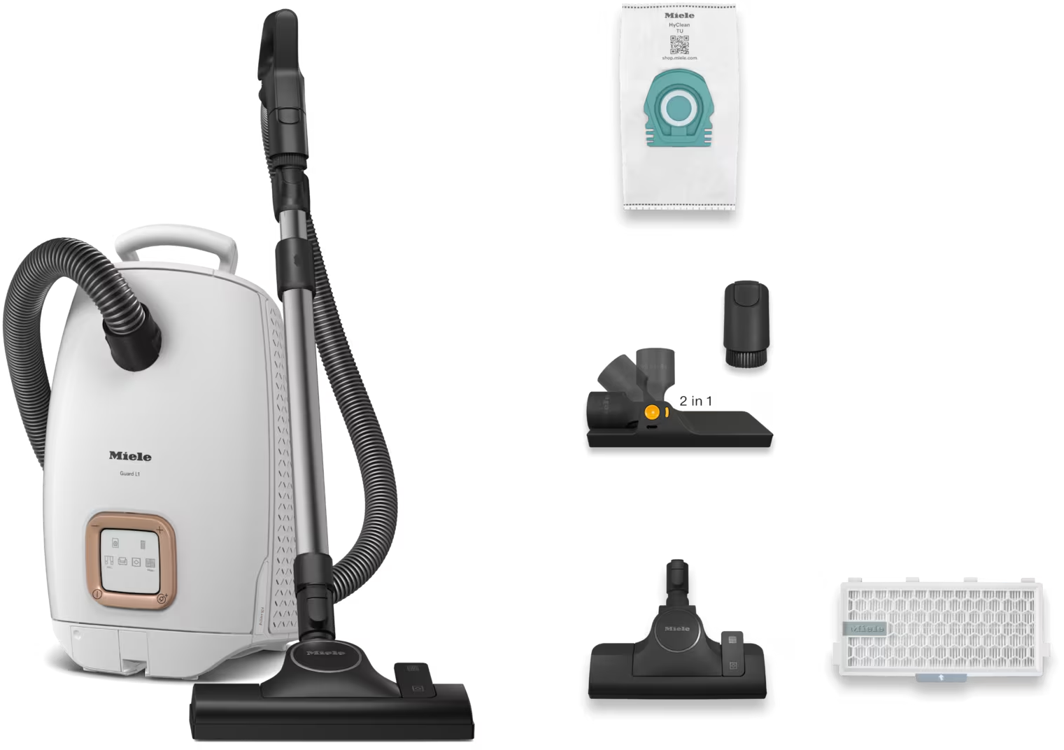 Aspirateur blanc avec accessoires. Inclut buses, filtres et un sac à poussière.