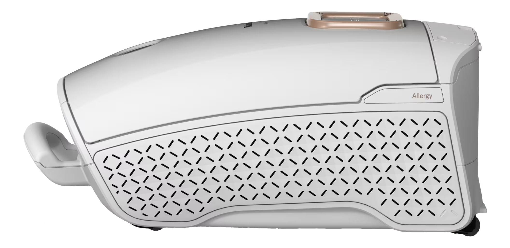 Vue latérale d'un aspirateur blanc. Comporte un réglage allergie et des aérations.