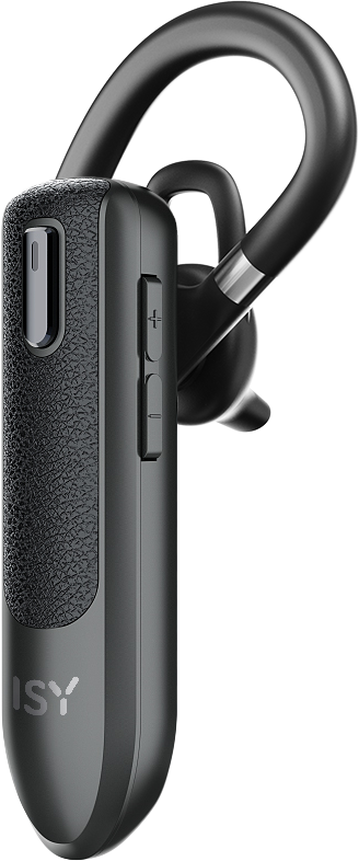 Fekete ISY Bluetooth headset. Ívelt fülhoroggal és hangerő gombokkal rendelkezik.