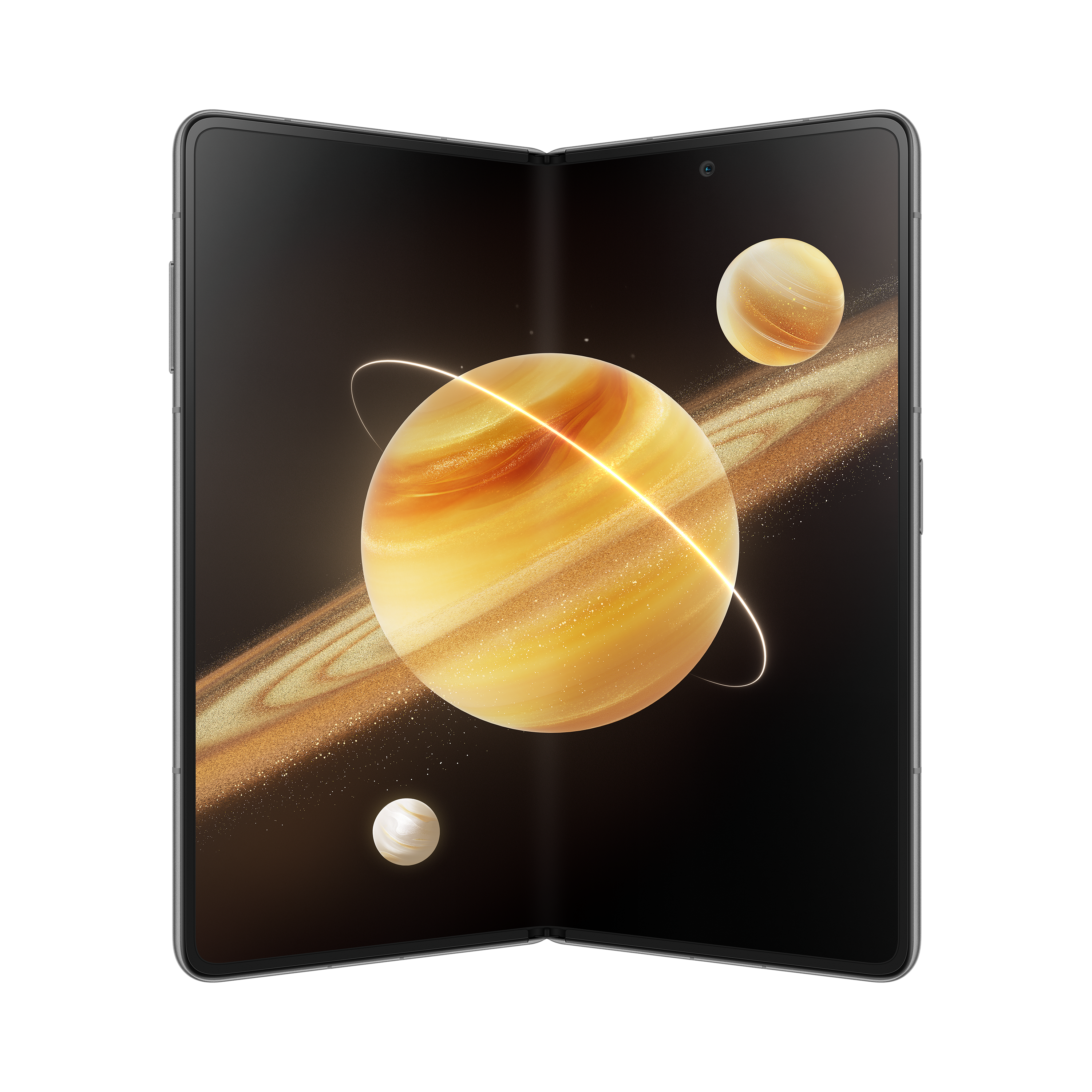 Faltbares Telefon, geöffnet, zeigt Planeten auf dem Bildschirm. Schwarzer Rahmen, goldfarbene Akzente.