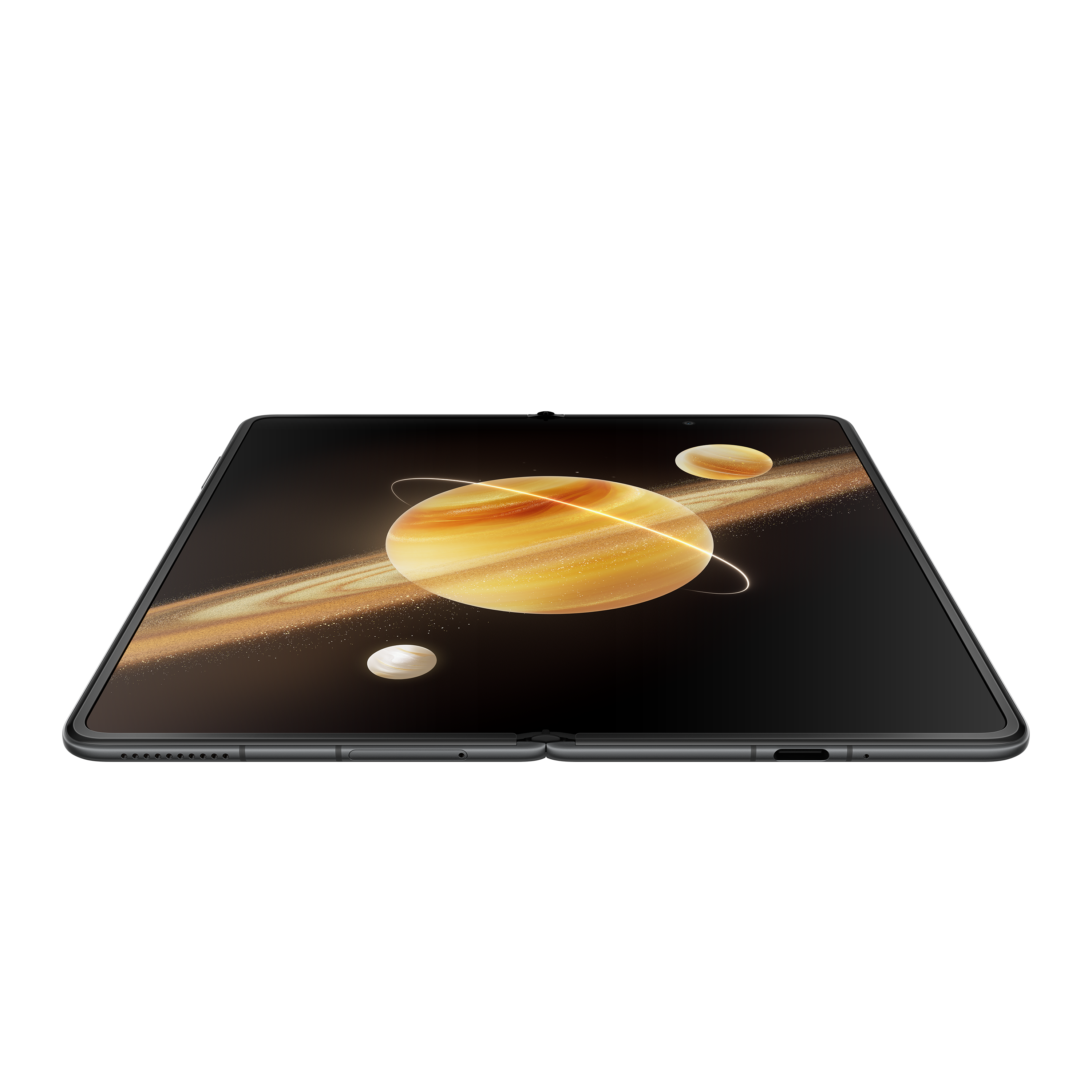 Faltbares Tablet, Bildschirm zeigt Planetendesign. Schwarzer Hintergrund.