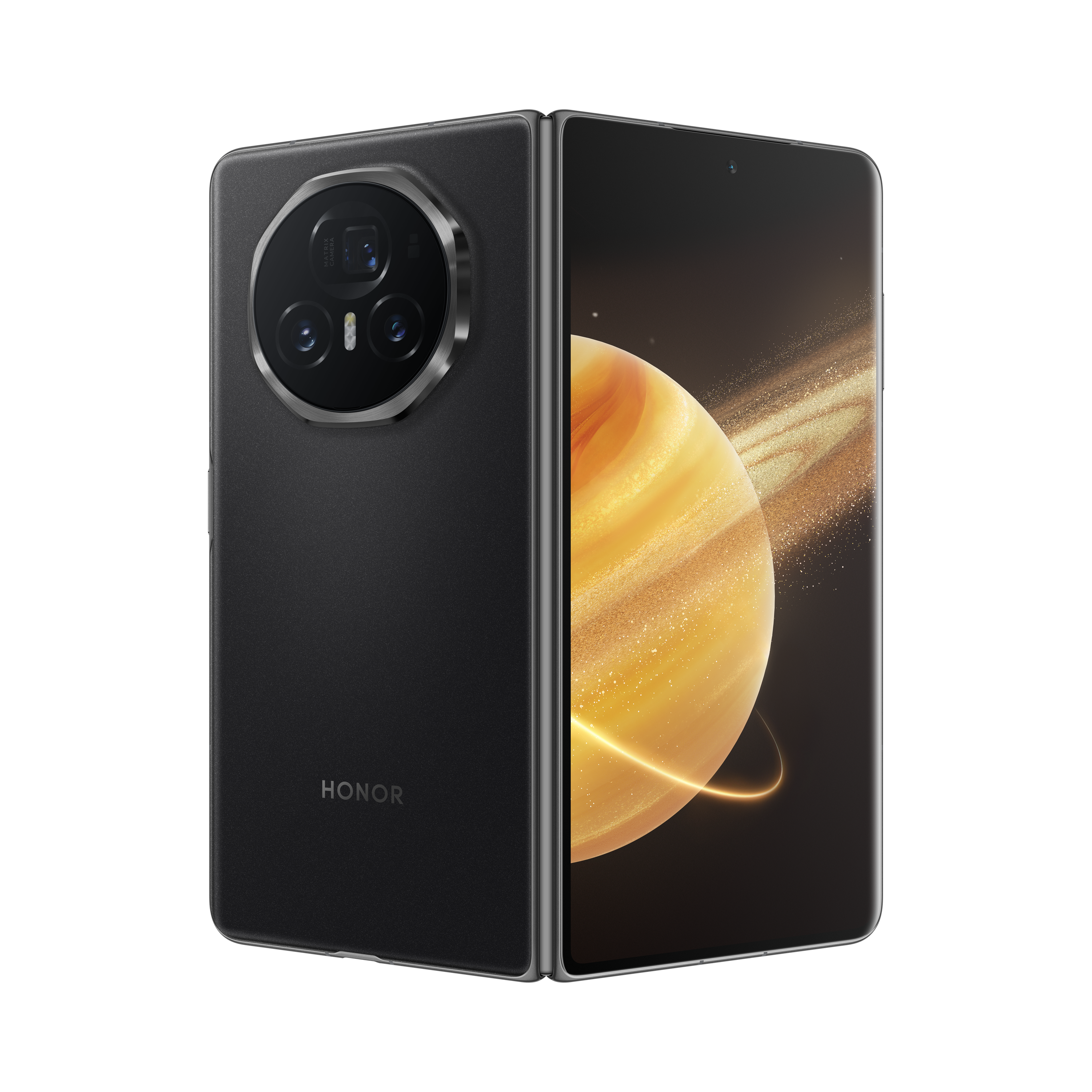 Schwarzes HONOR-Telefon, gefaltet. Der Bildschirm zeigt ein planetenähnliches Bild. Rückseite mit Kamera.
