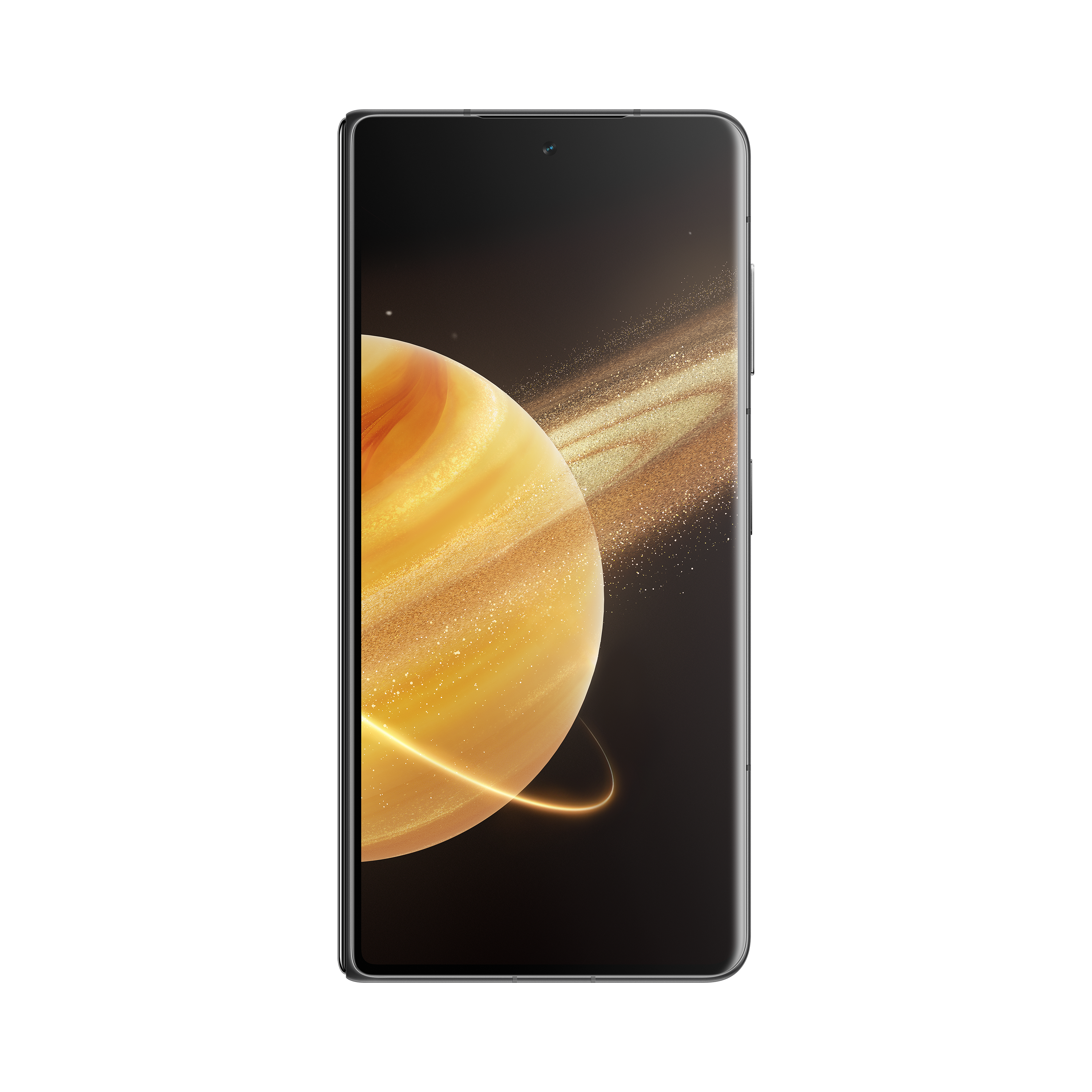Ein Smartphone mit einem Bildschirm, der einen Planeten mit Ringen zeigt, vor schwarzem Hintergrund.