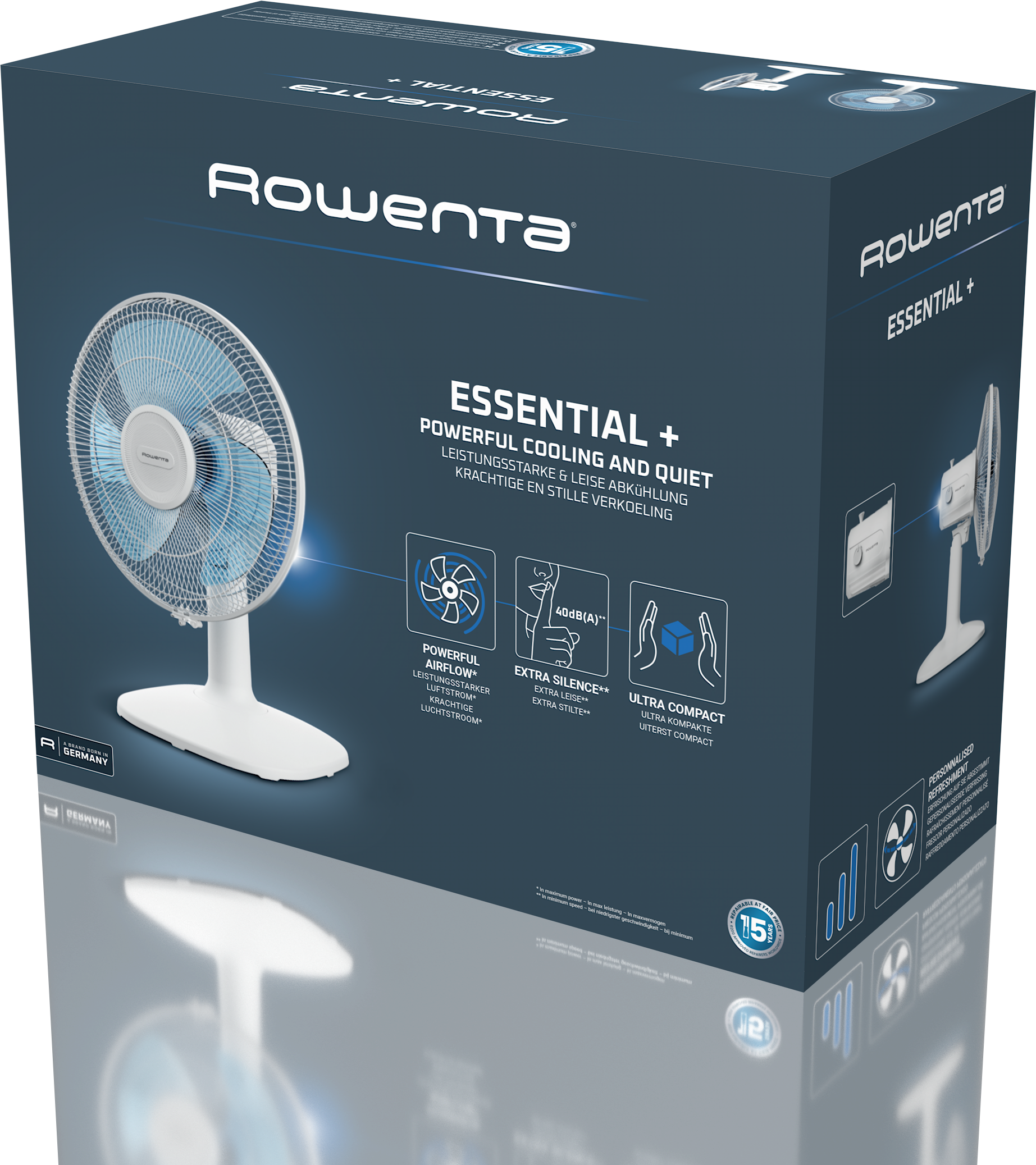Rowenta ventilátor doboz, fehér ventilátor elöl, kék lapátokkal, hűtésről szóló szöveggel.