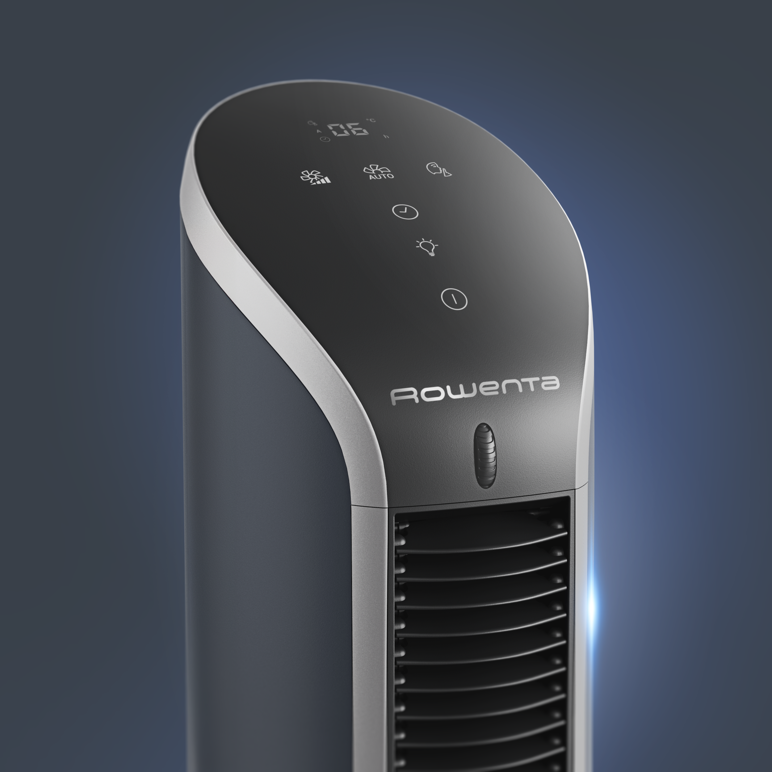 Rowenta ventilátor, vezérlőpult közelről, sötétkék háttér.