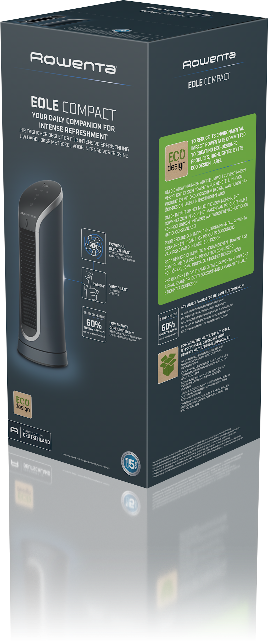 A Rowenta Eole Compact ventilátor termékdoboza, képekkel és szöveggel, amelyek a funkcióit írják le.