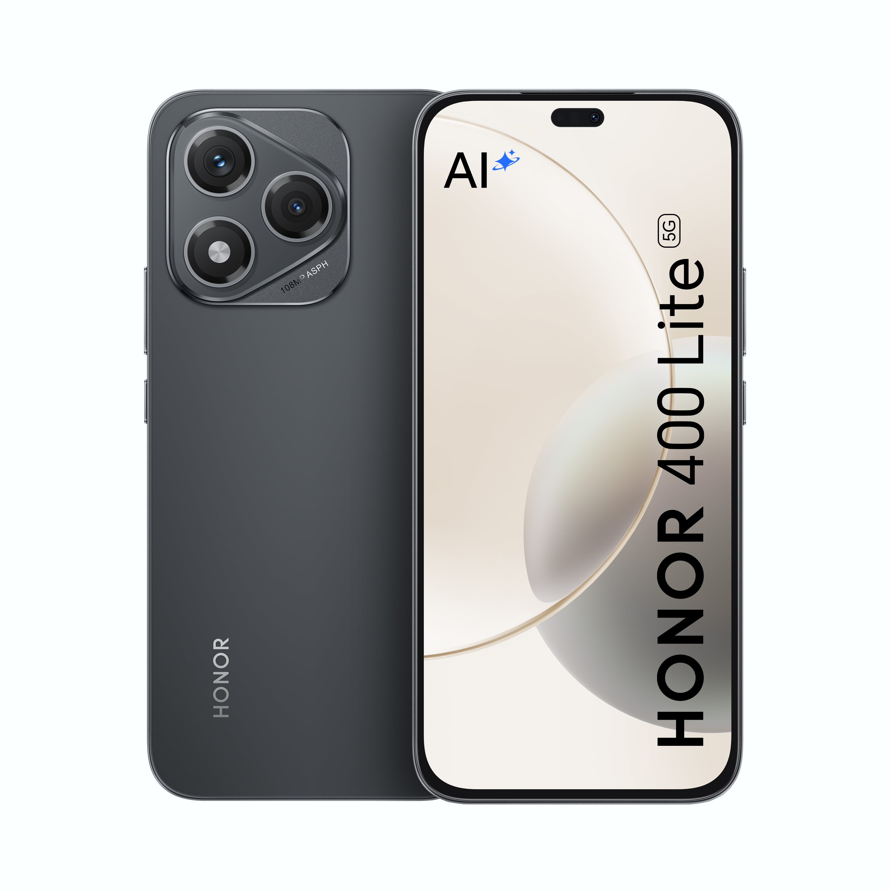 Dunkelgraues Telefon mit drei Kameras. Der Bildschirm zeigt ein weißes und beiges Design.