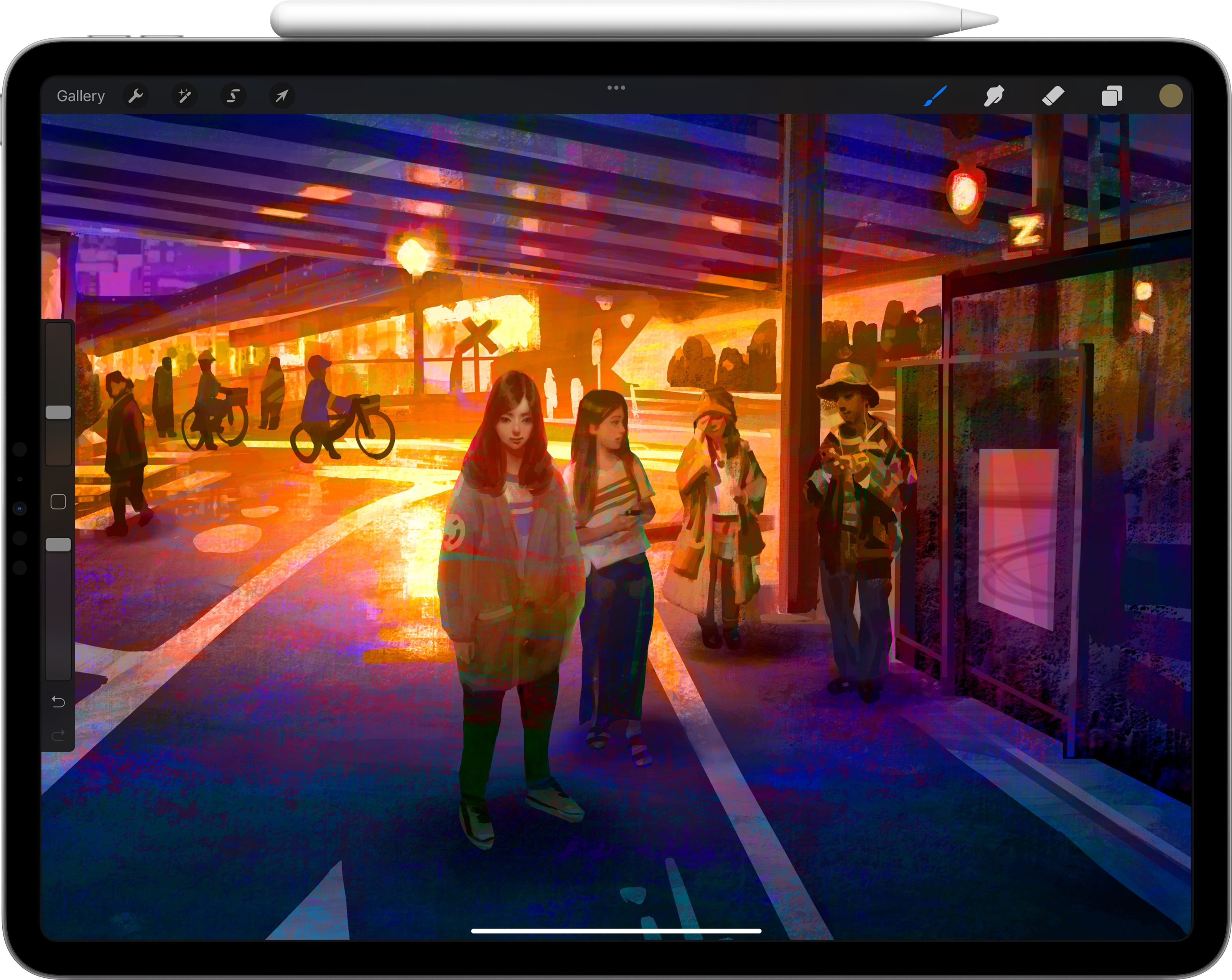 Digitale Kunst auf einem iPad, die Menschen auf einer Straße zeigt.