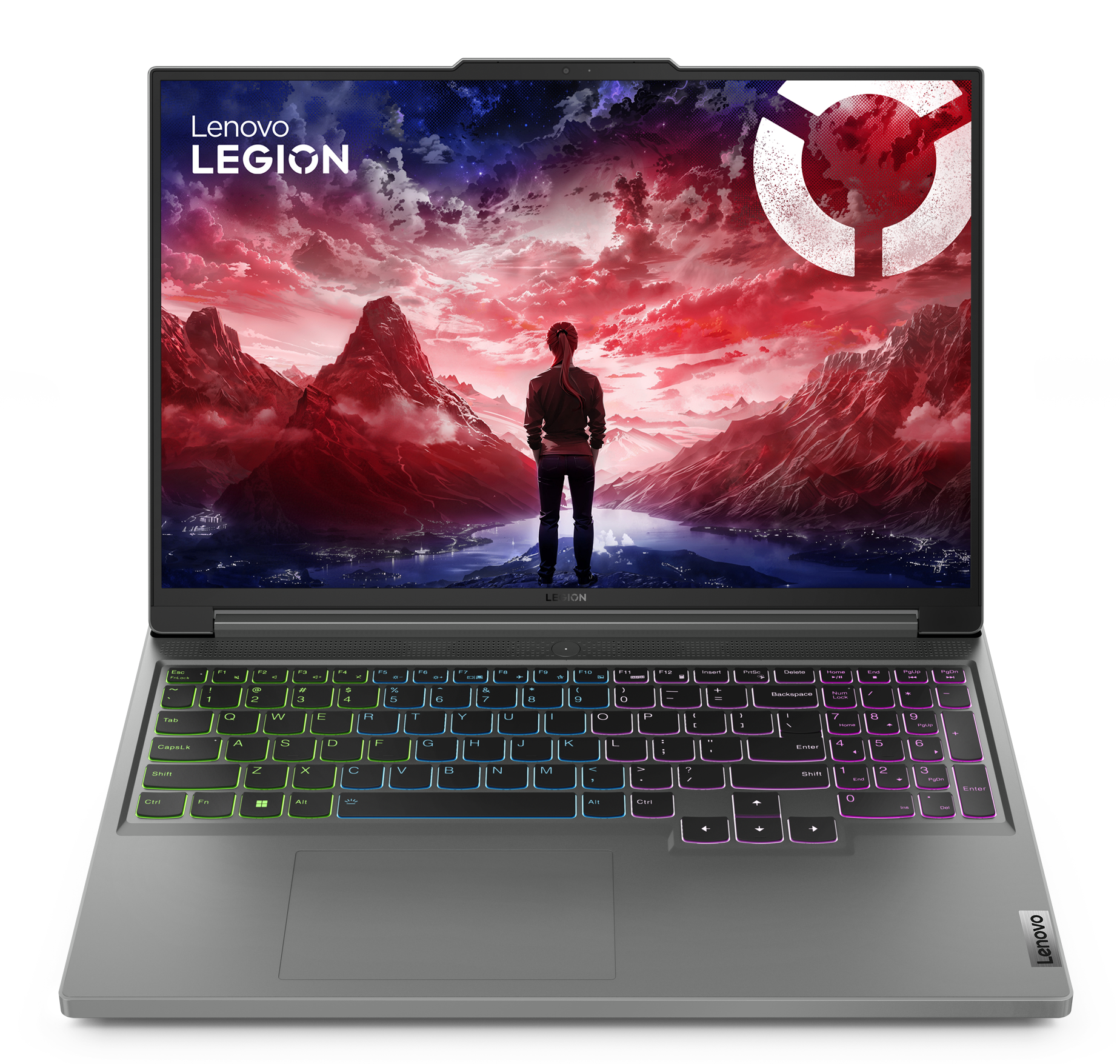 Laptop wyświetlający scenę z gry, z logo Lenovo Legion, na ciemnym tle.