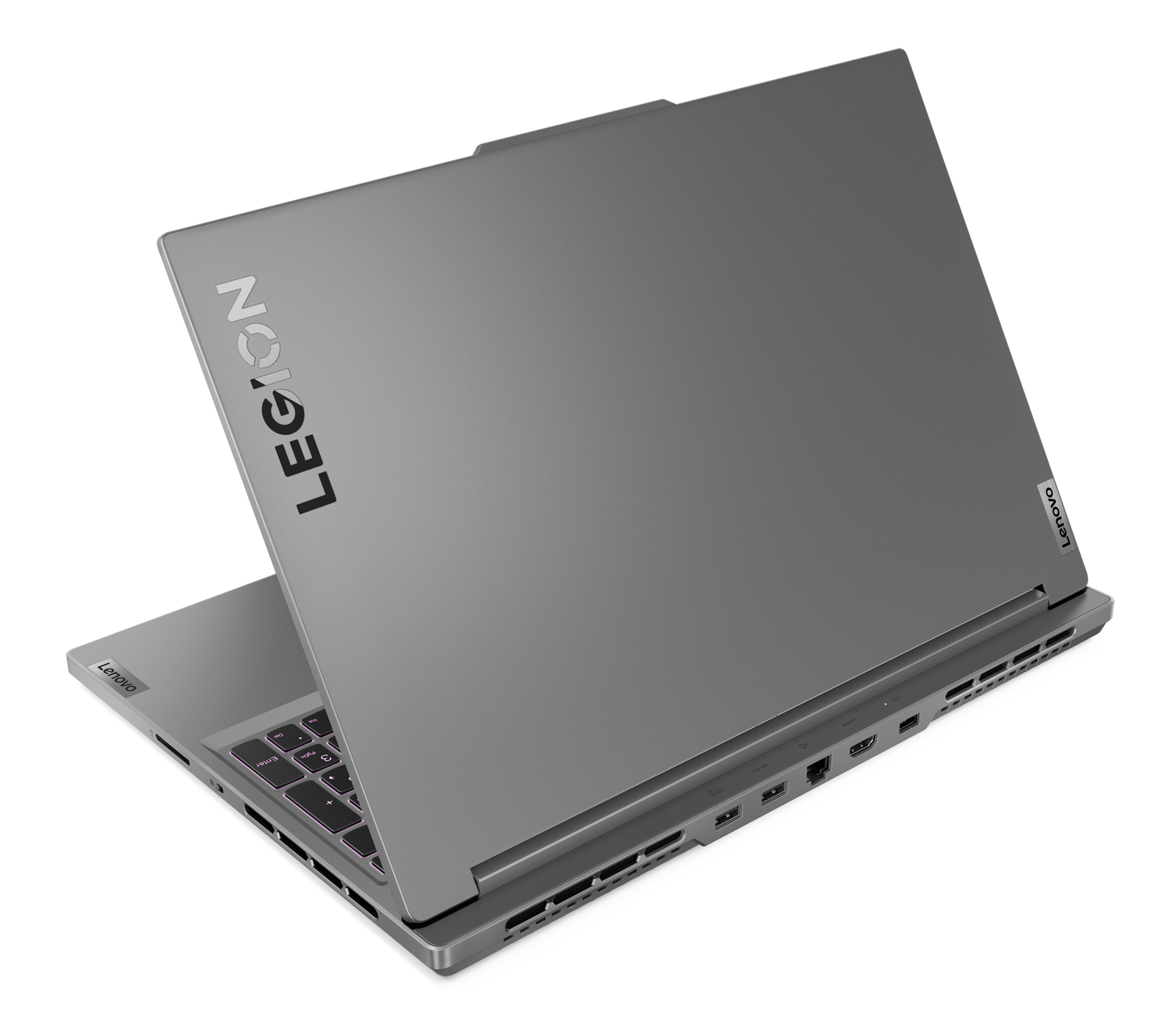 Laptop z logo Lenovo Legion, otwarty, pokazujący klawiaturę, porty i wentylację, na czarnej powierzchni.