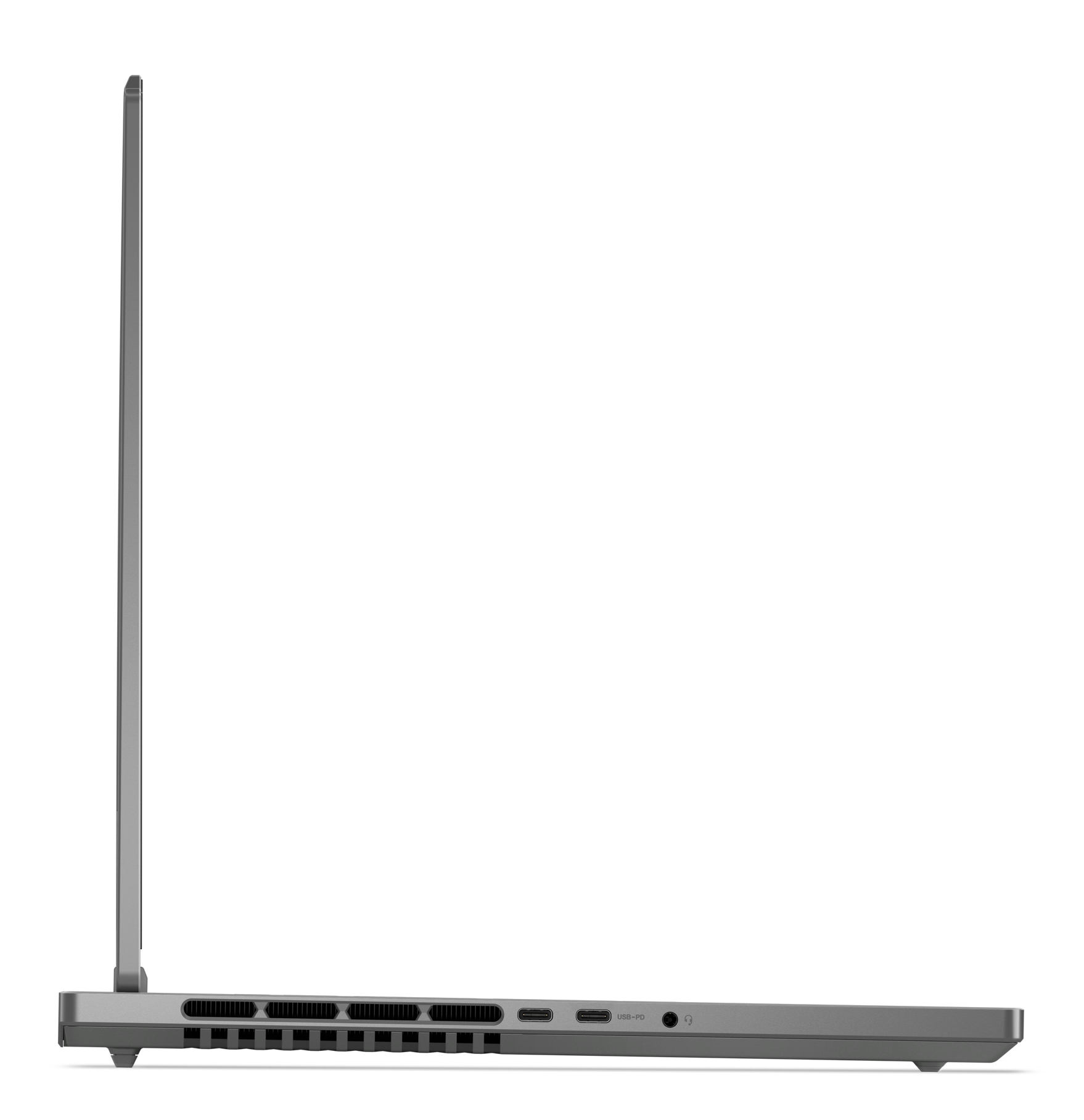 Widok z boku laptopa, pokazujący porty i wentylację, na czarnym tle.