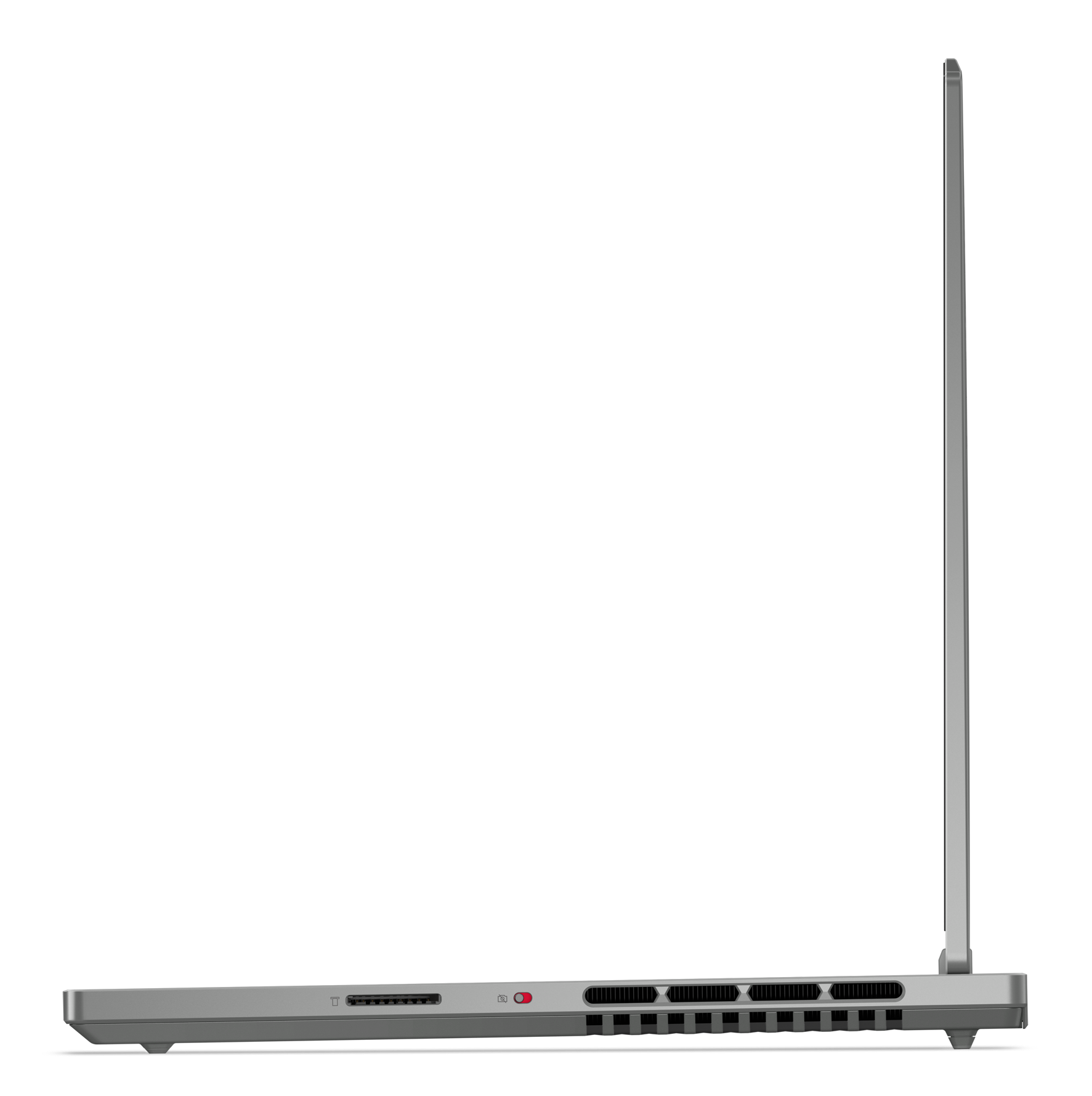 Widok z boku srebrnego laptopa z czarnym ekranem, otwartego z ekranem odwróconym.