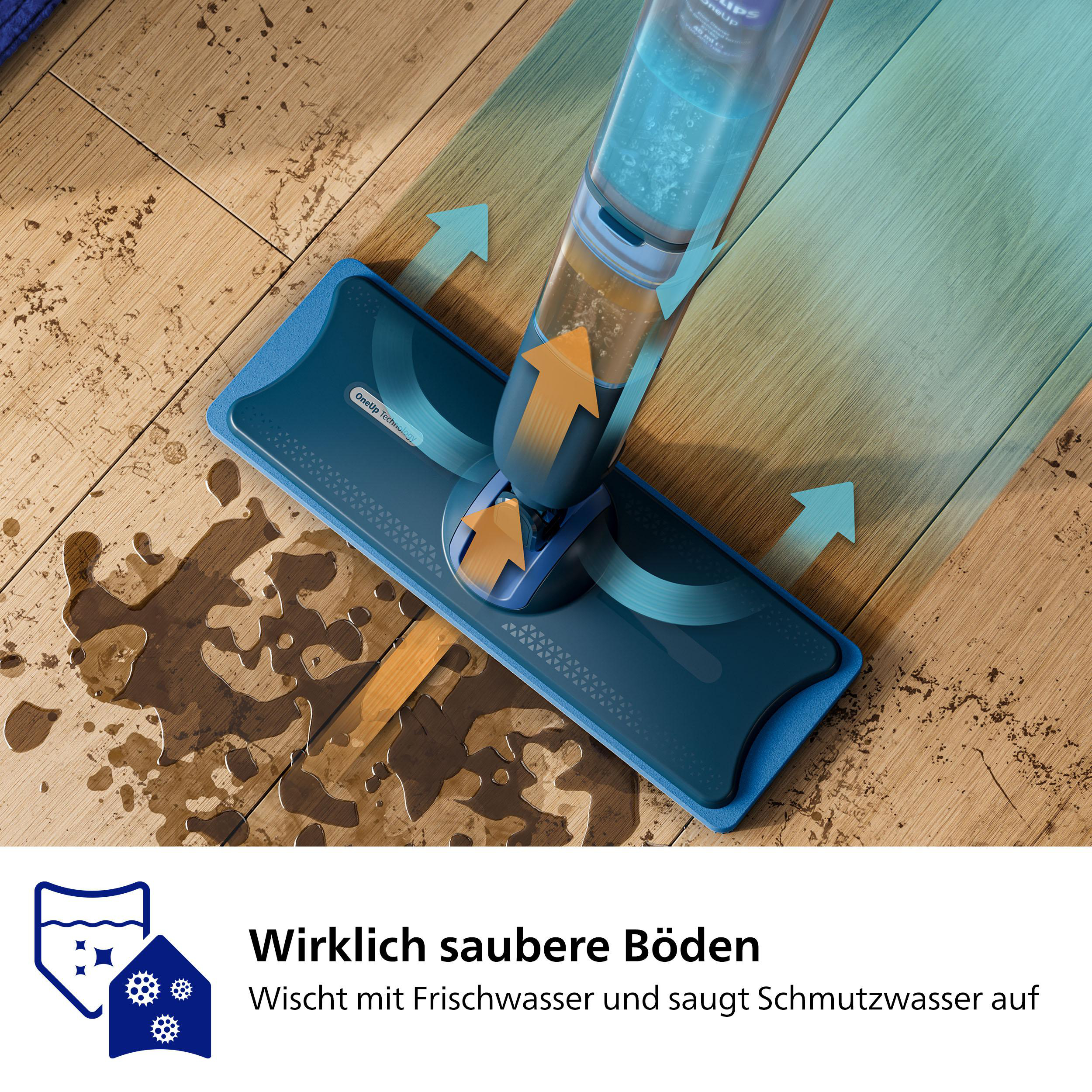 Ein blau-weißes Bodenreinigungsgerät sprüht Wasser auf Holzboden, mit Text und Logos.