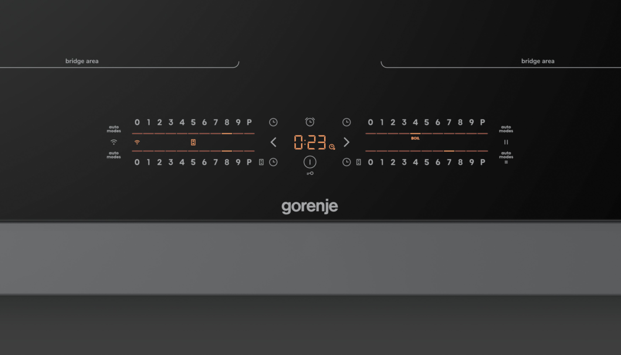 Fekete indukciós főzőlap vezérlőpanel digitális kijelzővel és gombokkal.