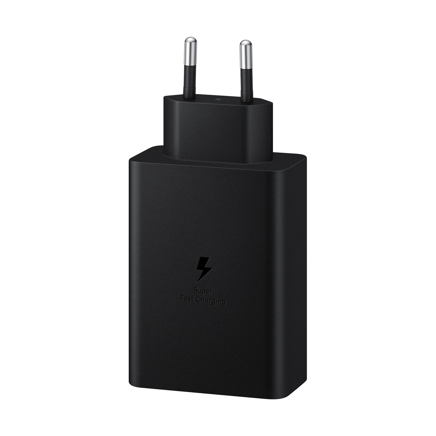 Caricabatterie Samsung nero con due pin, testo 'Super Fast Charging'.