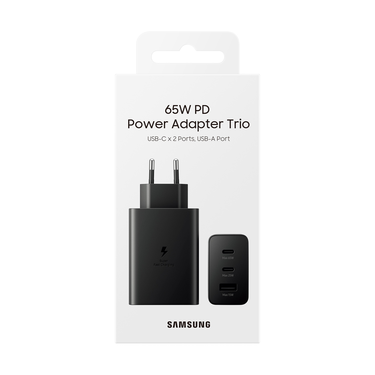 Scatola bianca con adattatore di ricarica nero e due porte USB.