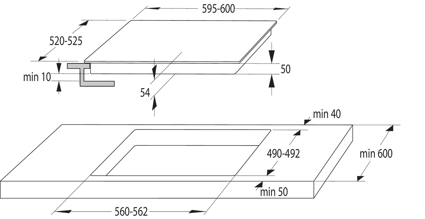 Egy főzőlap diagramja, amely a méreteket és a beépítéshez szükséges kivágási követelményeket mutatja.