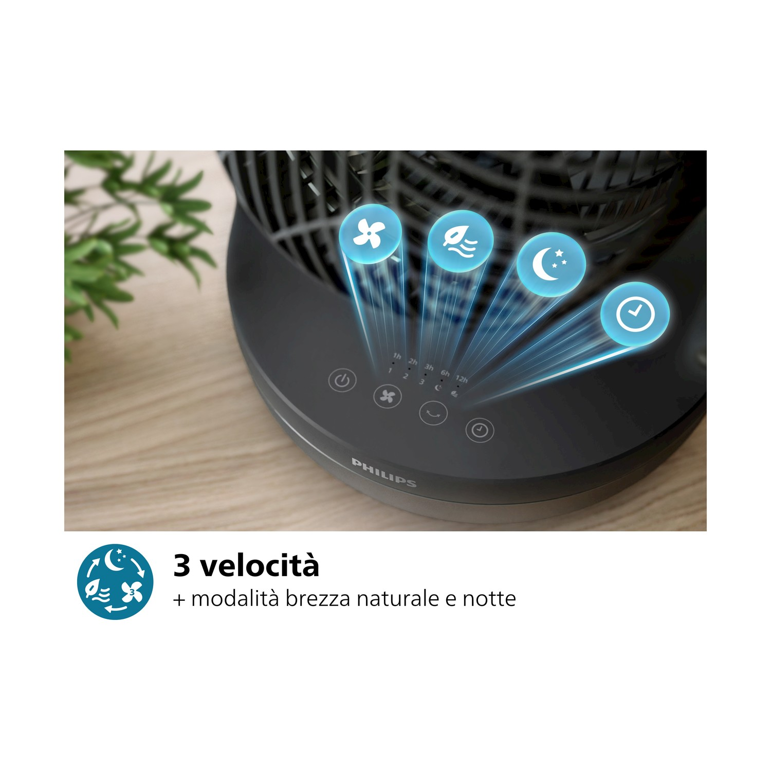 Pannello di controllo ventola nero con icone blu su superficie in legno con pianta verde sullo sfondo.