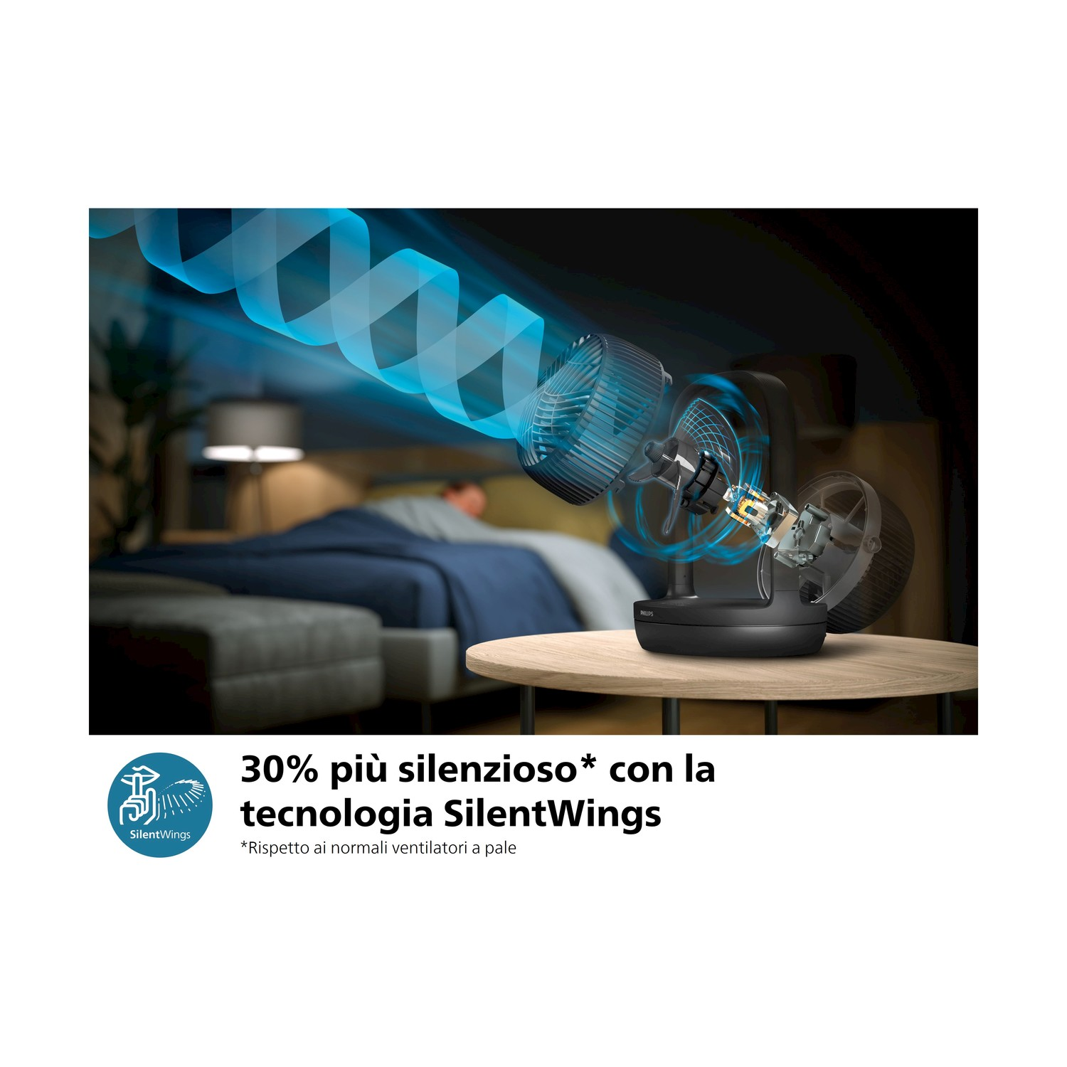 Ventilatore con effetto luce blu, testo: 30% più silenzioso con SilentWings e un logo.