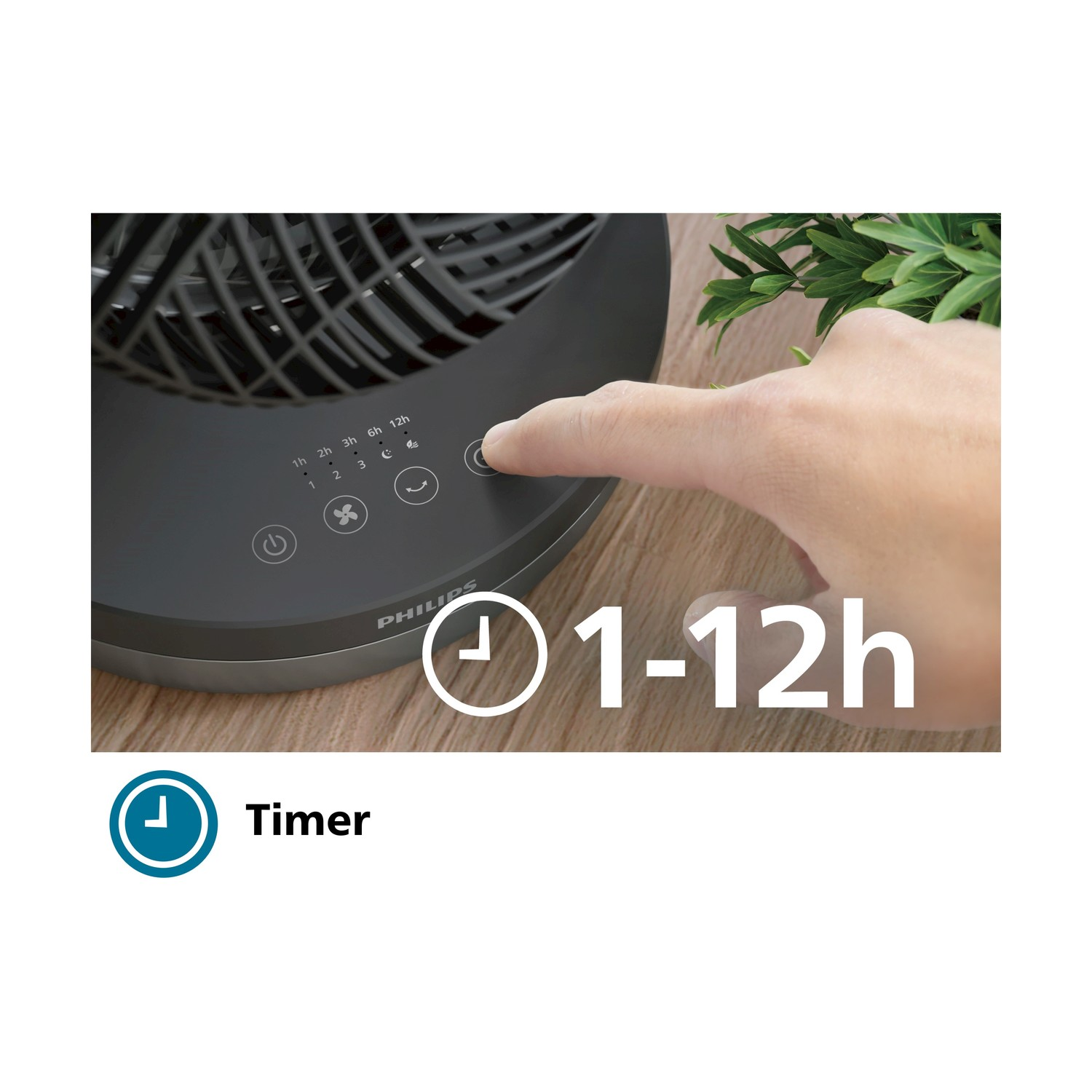 La mano di una persona che preme un pulsante su un ventilatore, il testo dice Timer 1-12h.