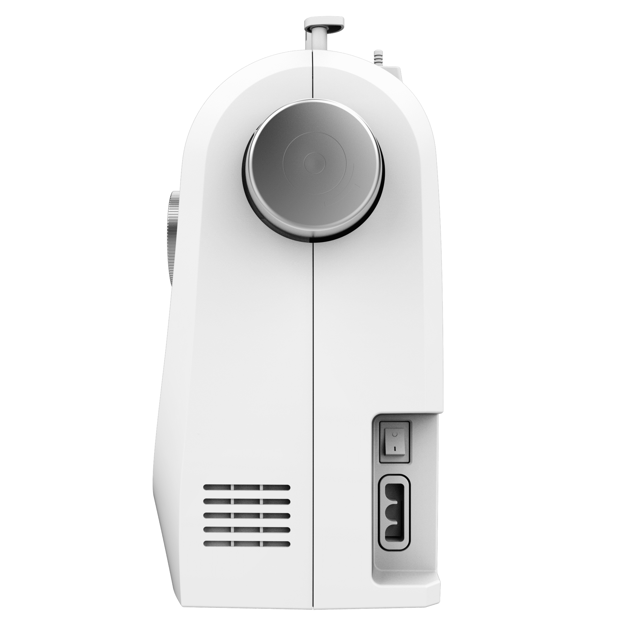 Máquina de coser blanca desde atrás. Tiene un interruptor de encendido, ventilación y puerto de enchufe.