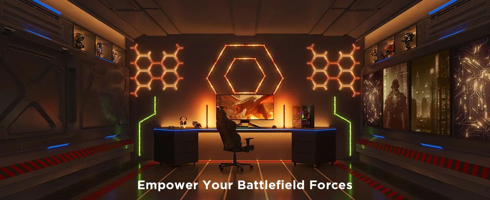 Pokój do gier z neonami, komputerem i biurkiem. Tło przedstawia scenę science-fiction.