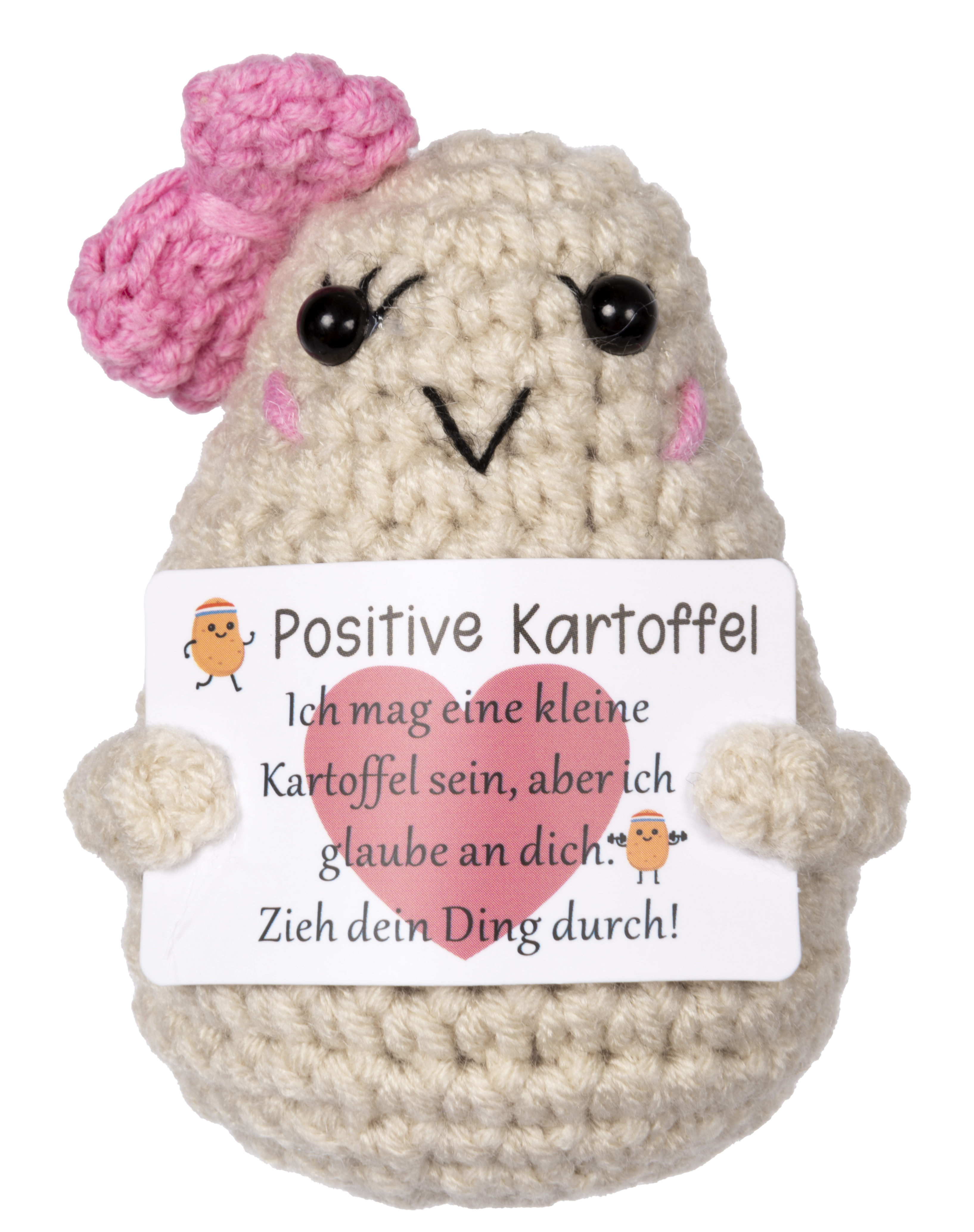 Gehäkeltes Kartoffel-Plüschtier, das ein Schild hält.