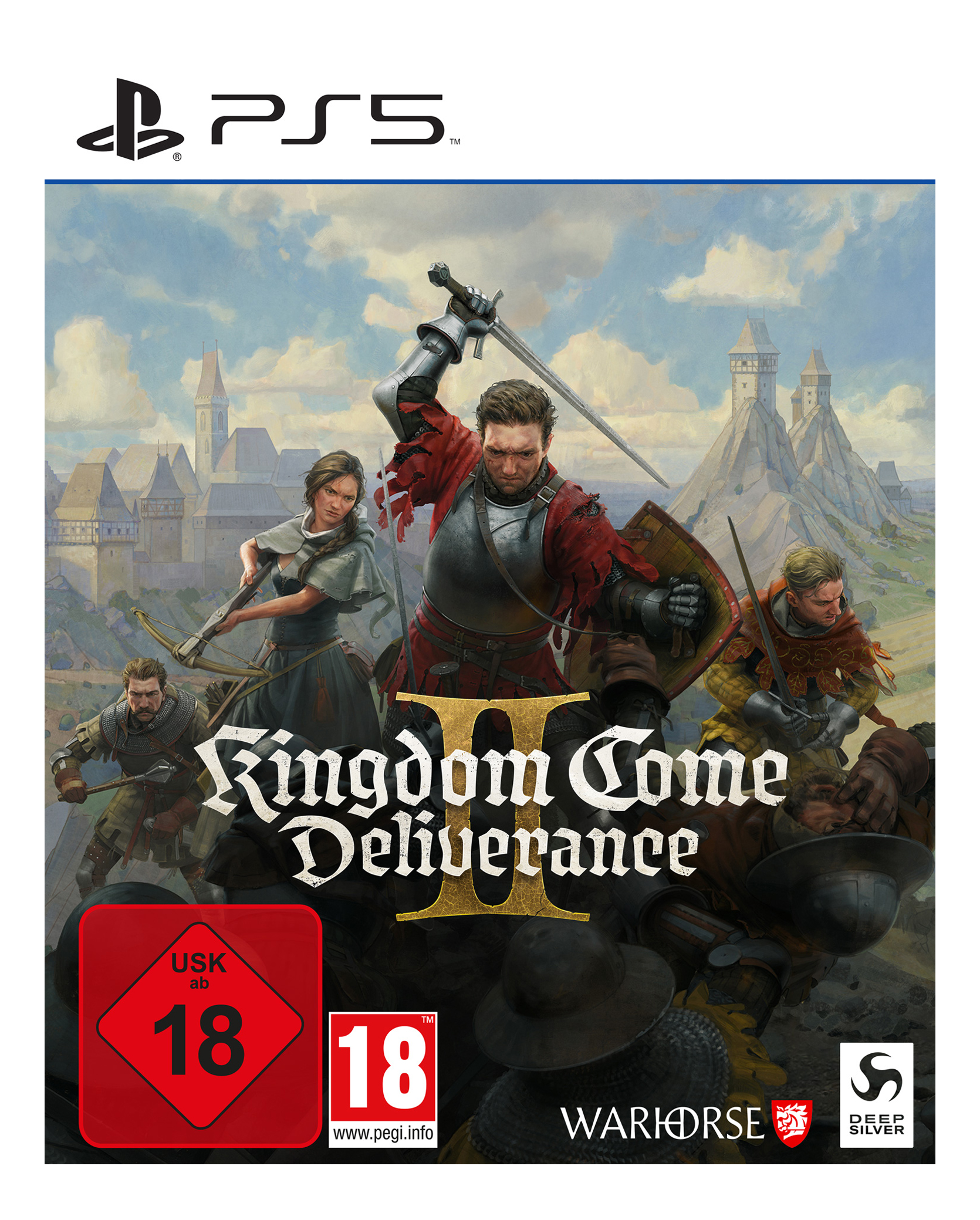Scatola del gioco Kingdom Come: Deliverance II. Un cavaliere con una spada. Il logo PS5 in alto a sinistra.