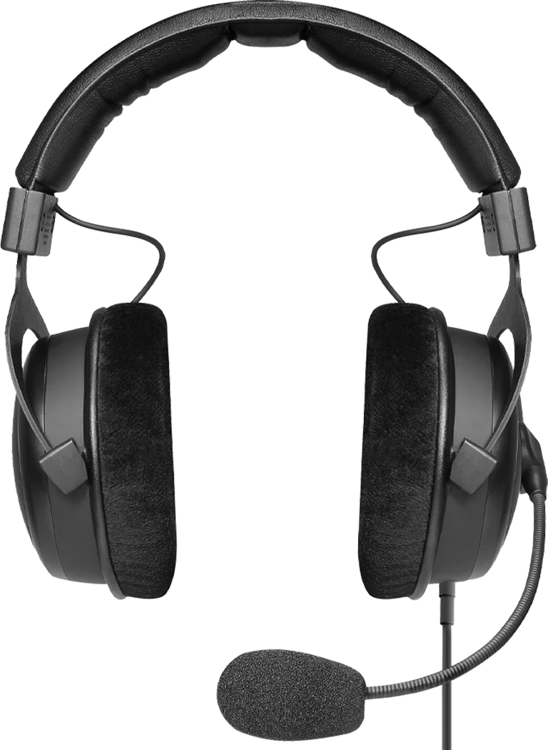 Ein schwarzes Headset mit Mikrofon ist isoliert.
