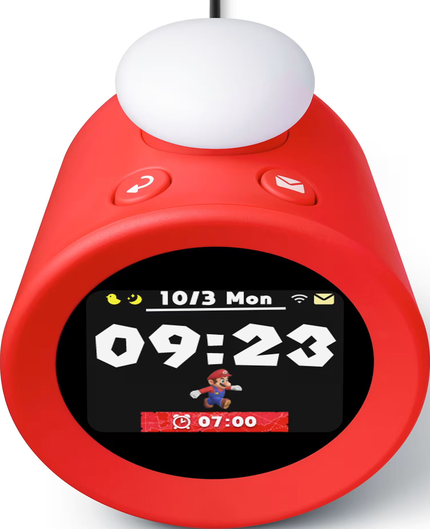 Un réveil rouge et circulaire avec un affichage numérique indiquant l'heure et une figurine de Mario.