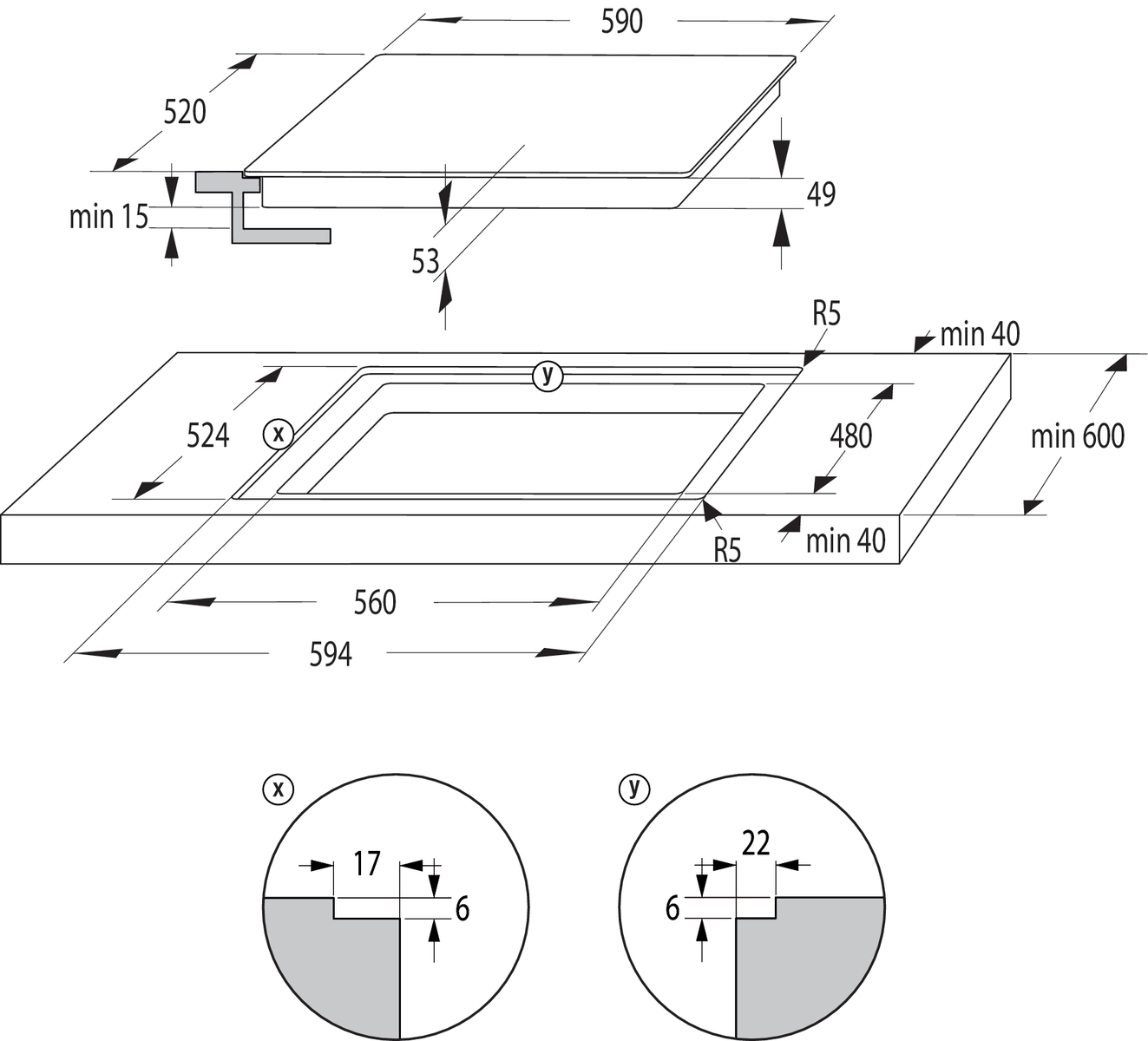 Indukciós főzőlap diagramja méretekkel és a sarkok részletes nézetével.